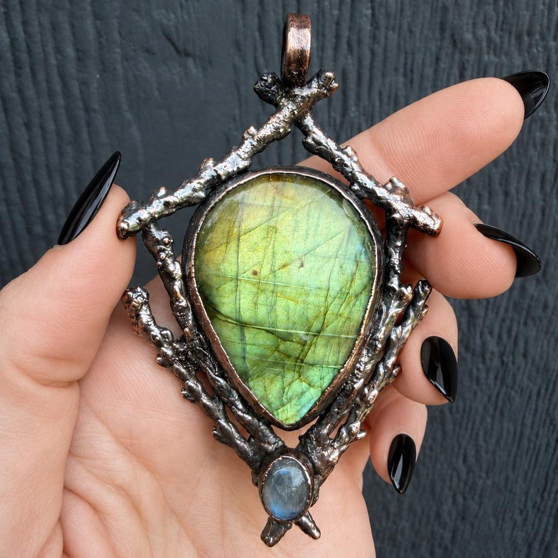 Labradorite & Moonstone Twig Pendant • Electroformed Copper • One of a Kind Woodland Necklace