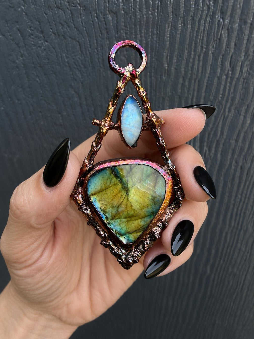 Labradorite Twig Frame Pendant • Electroformed Copper • Botanical Necklace • Gothic Nature Jewelry