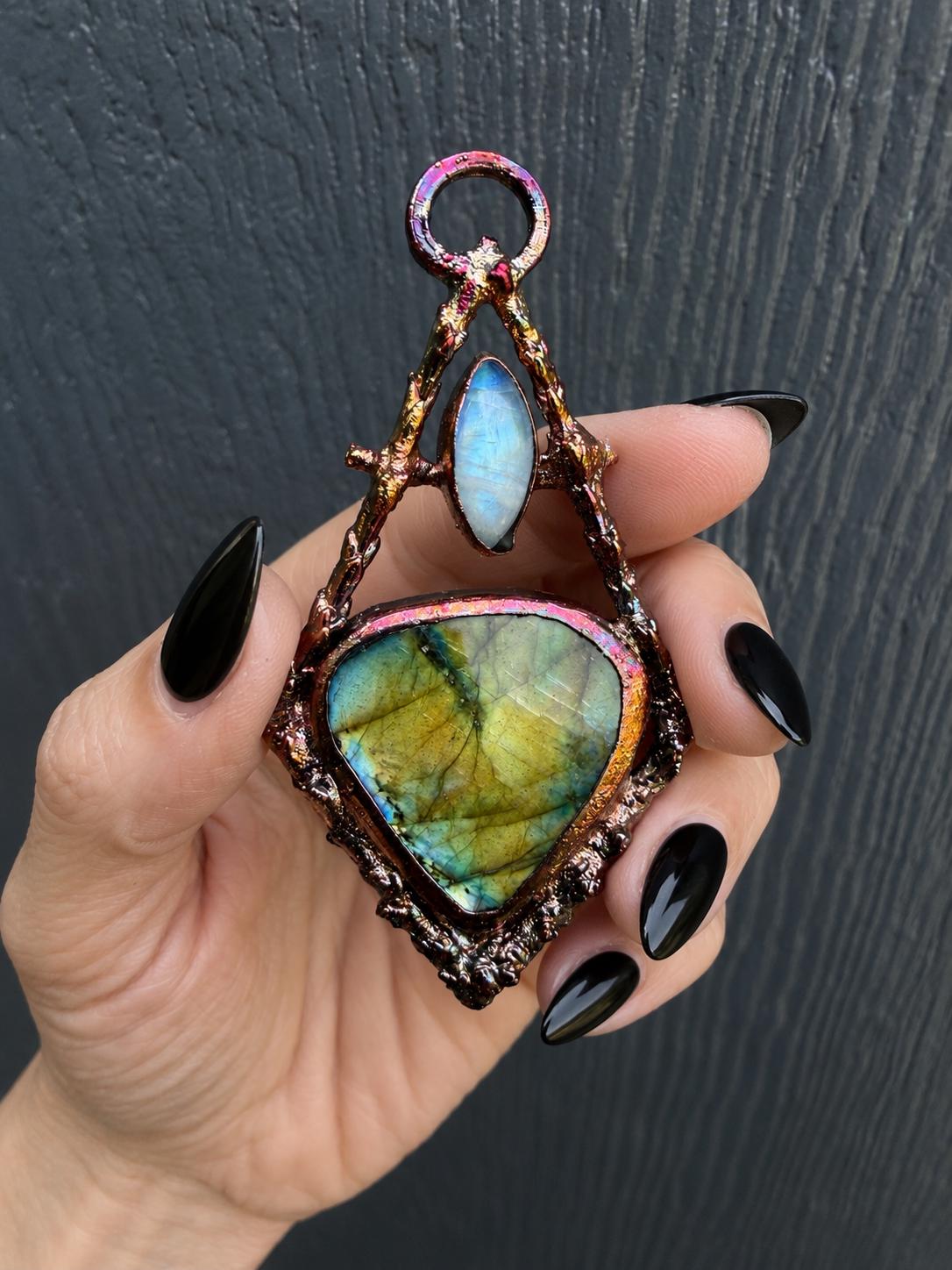 Labradorite Twig Frame Pendant • Electroformed Copper • Botanical Necklace • Gothic Nature Jewelry