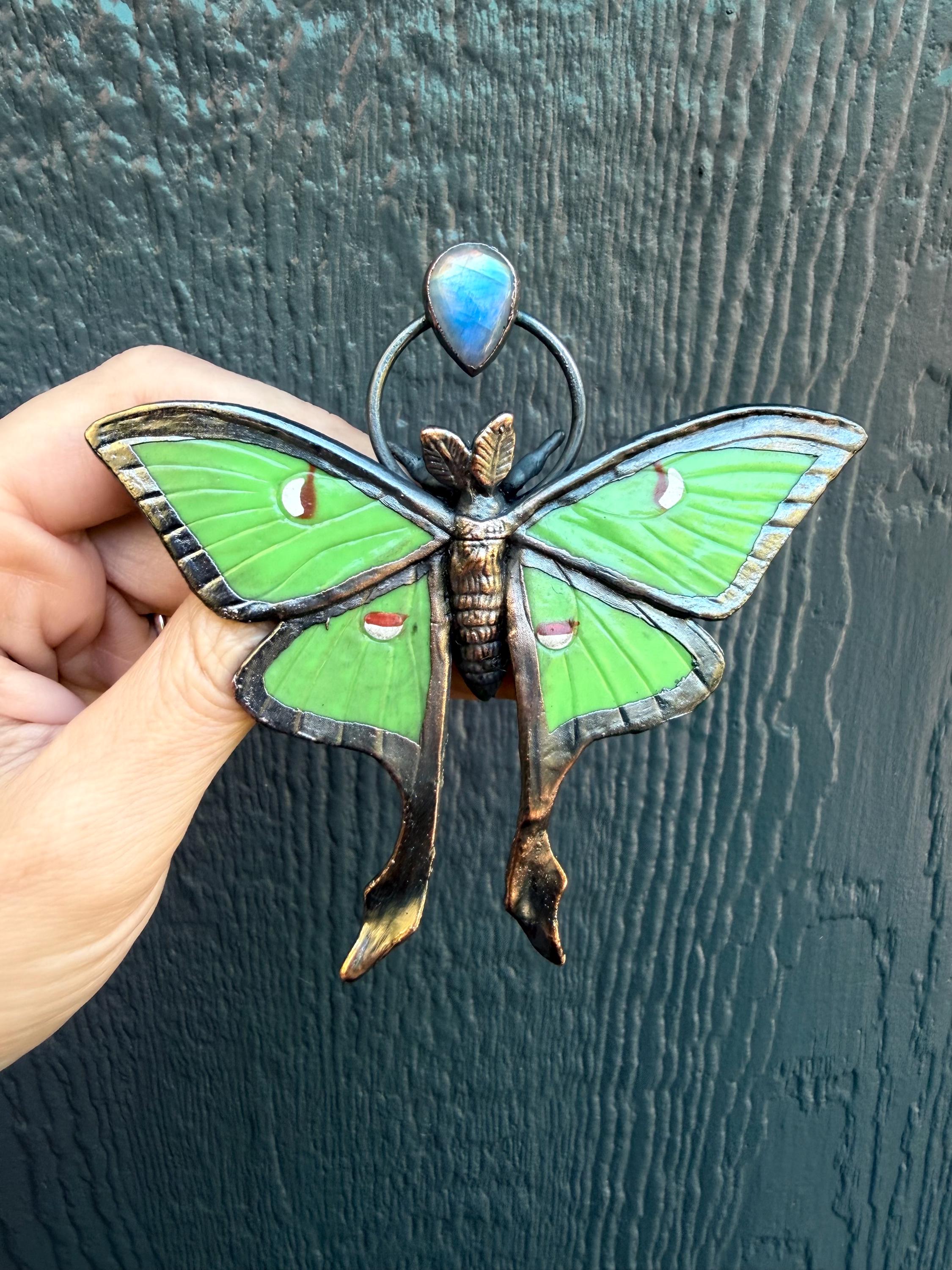 Luna Moth Pendant • Moonstone • Electroformed Copper • Nature Inspired Necklace