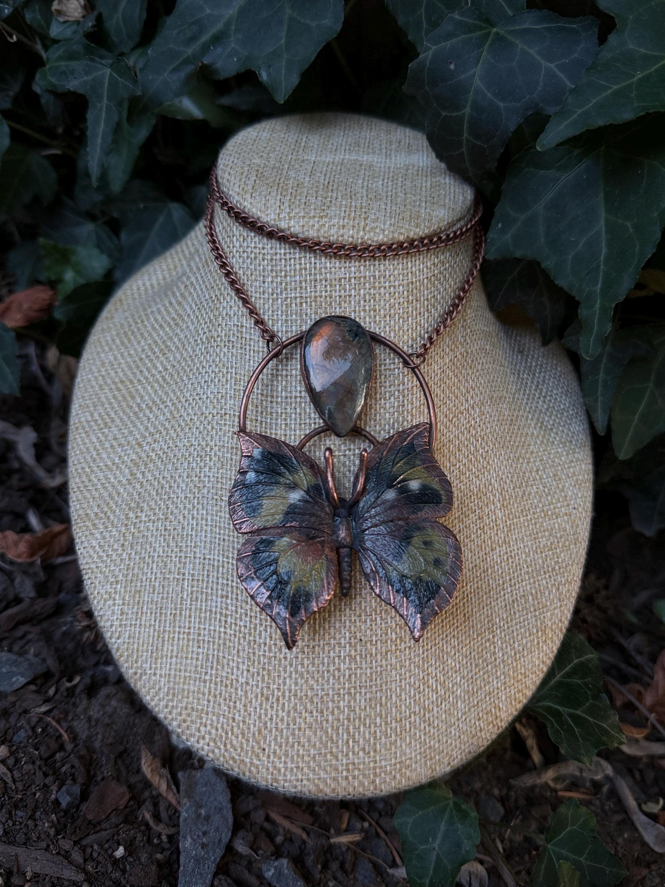 Labradorite • Butterfly Specimen • Electroformed Copper Pendant • Gothic Nature Jewelry