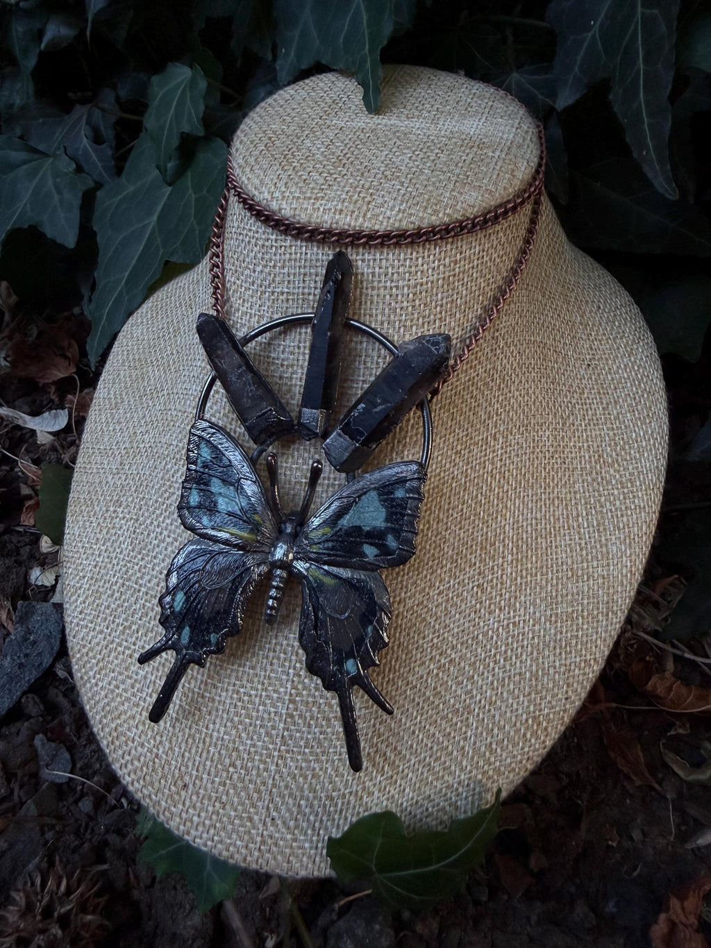 Smoky Quartz • Black Butterfly • Electroformed Copper Pendant