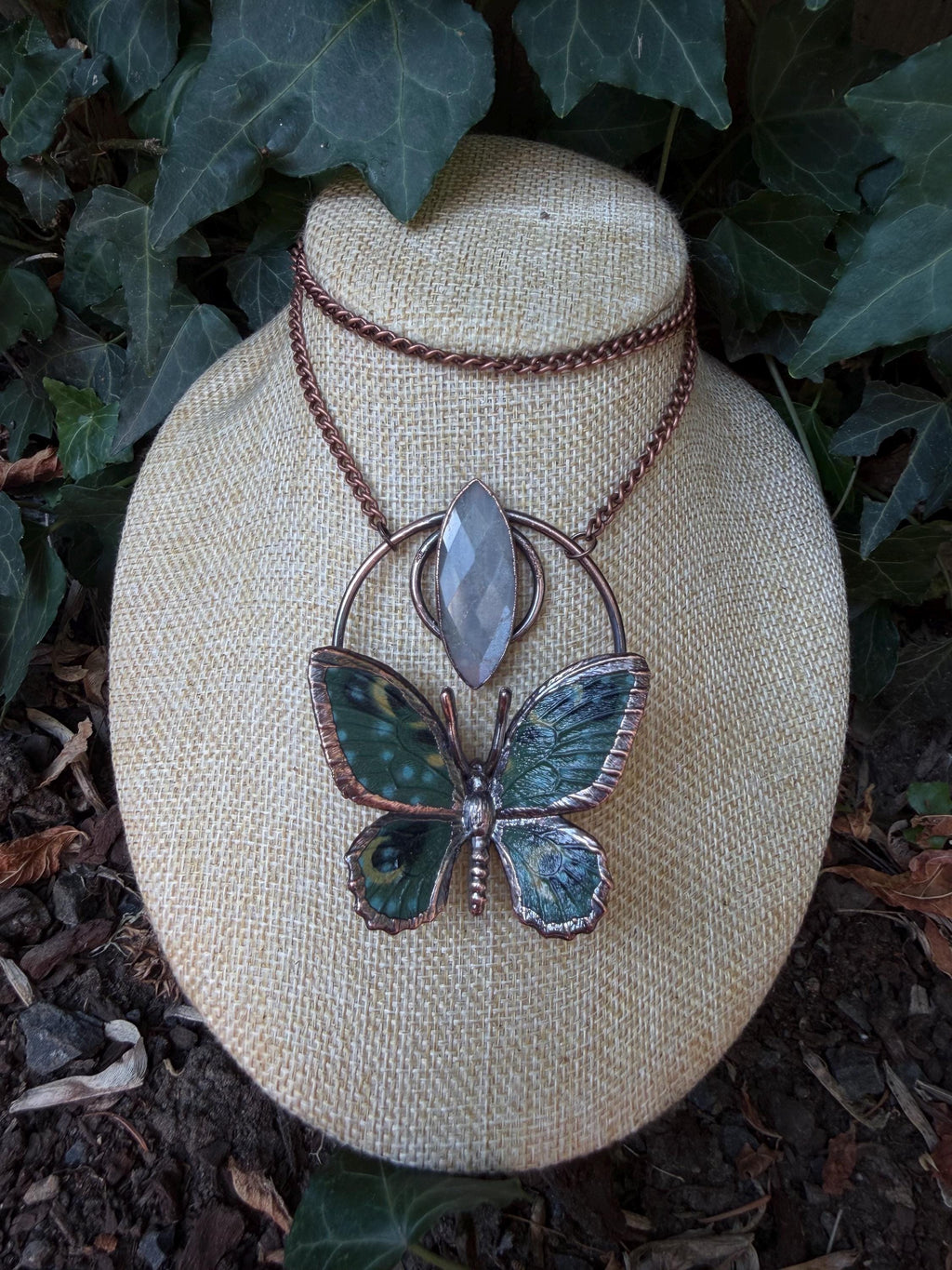 Gray Moonstone • Butterfly Necklace • Electroformed Copper Pendant