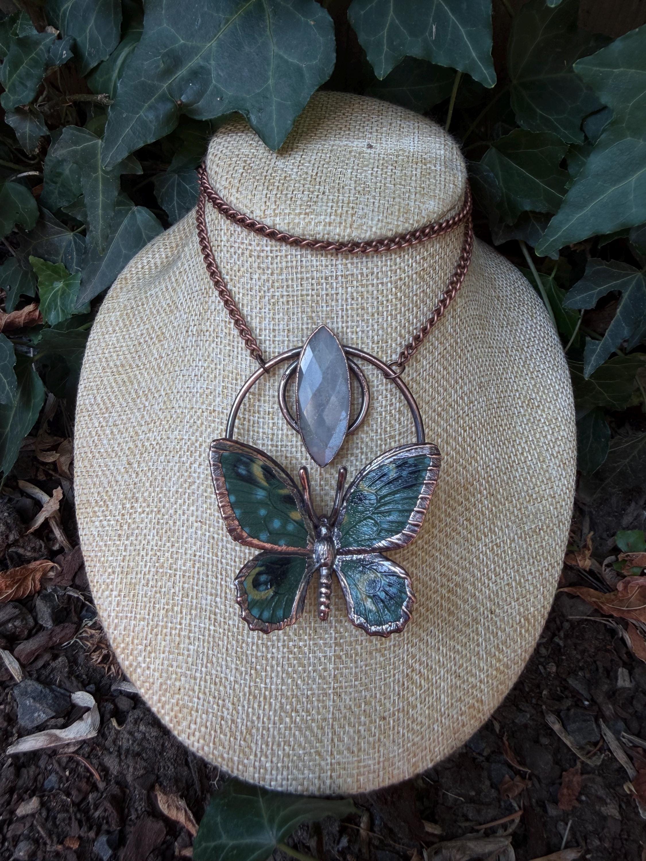 Gray Moonstone • Butterfly Necklace • Electroformed Copper Pendant