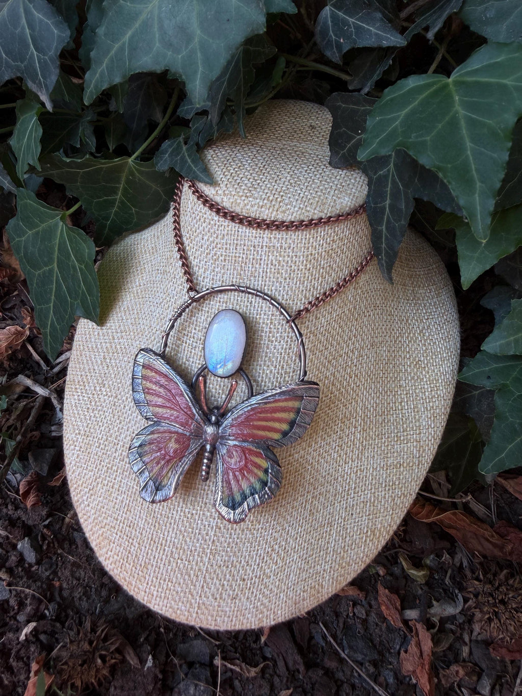 Moonstone • Butterfly Necklace • Electroformed Copper Pendant