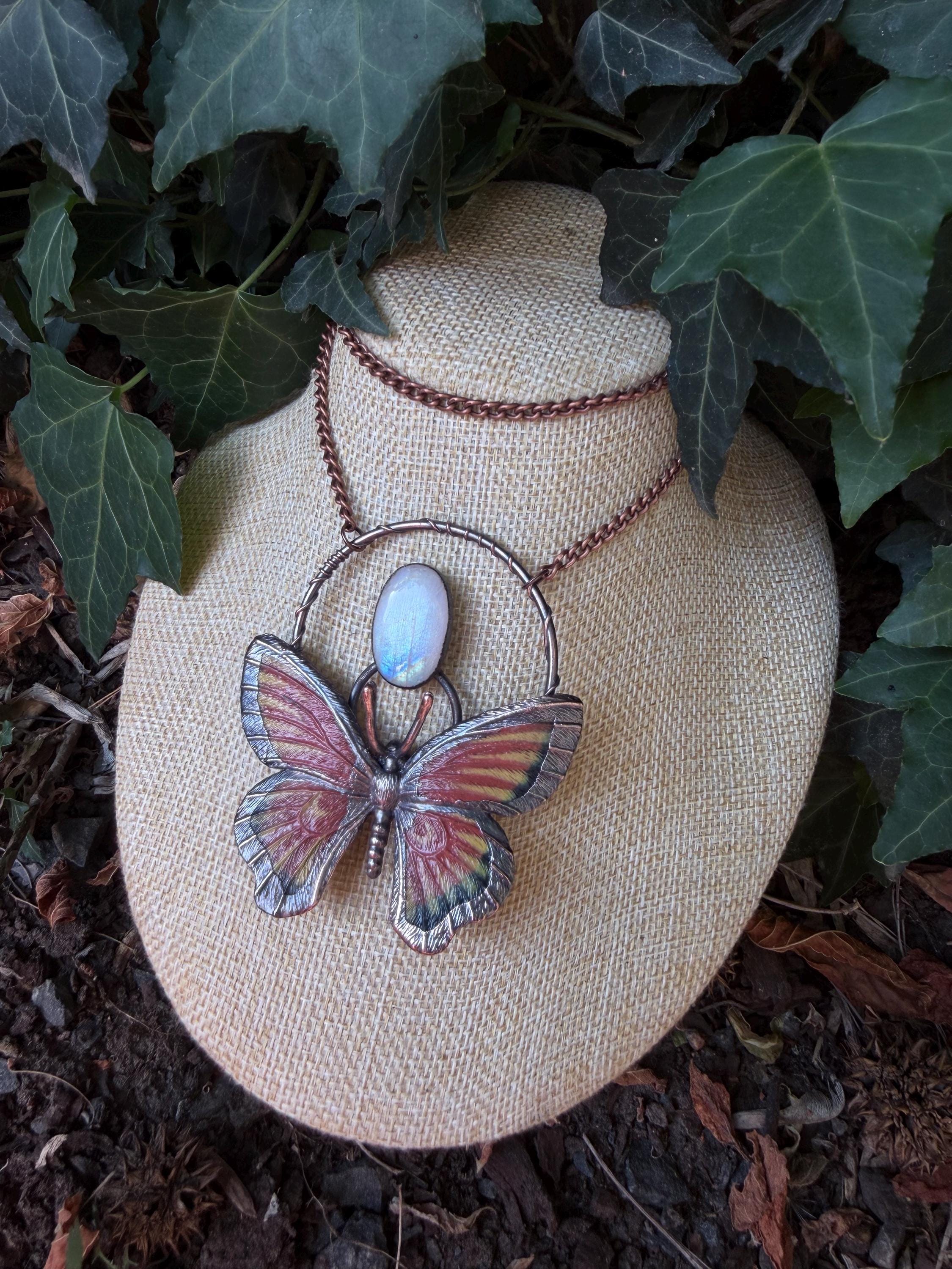 Moonstone • Butterfly Necklace • Electroformed Copper Pendant