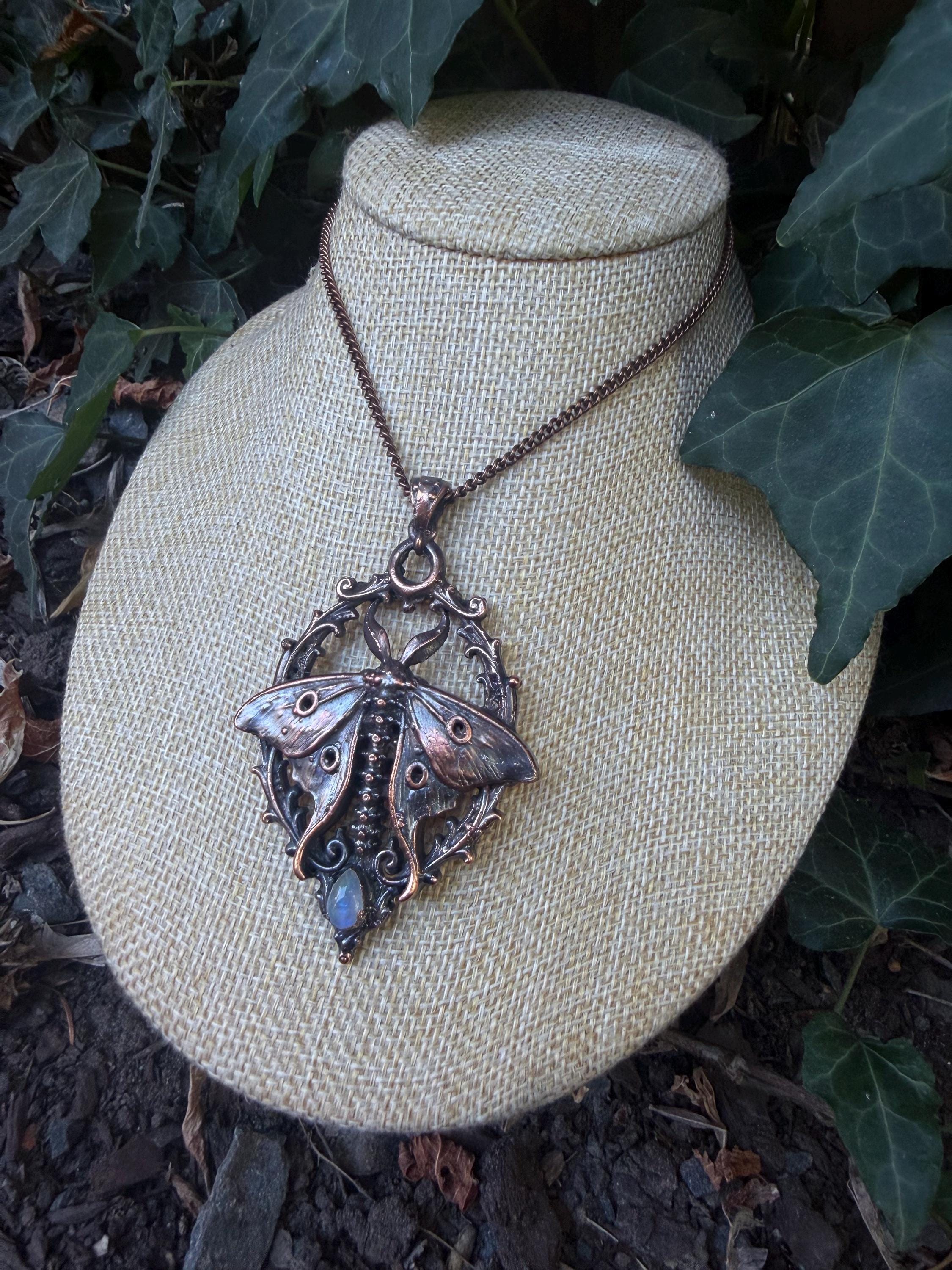 Vertebrae Luna Moth • Rainbow Moonstone • Electroformed Copper Pendant