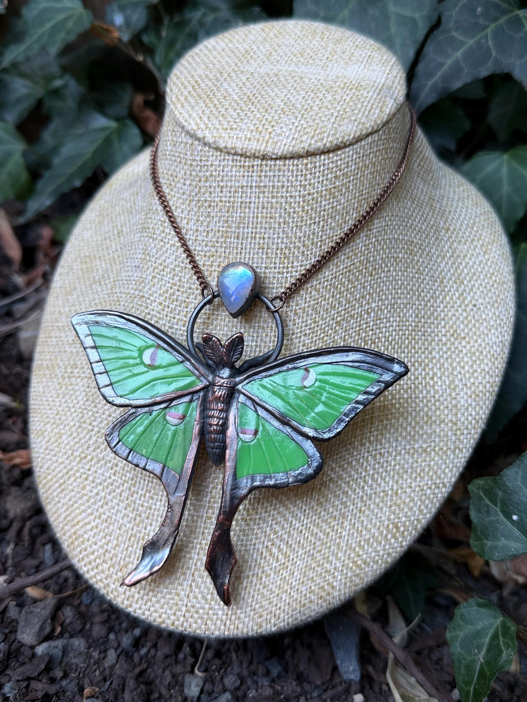 Luna Moth Pendant • Moonstone • Electroformed Copper • Nature Inspired Necklace