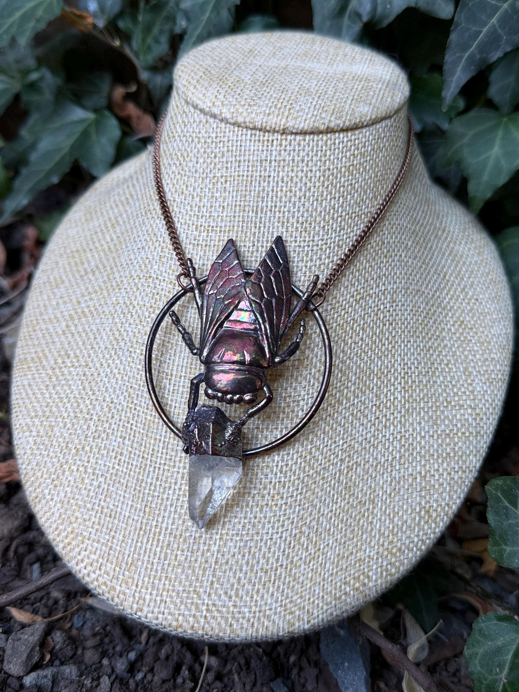 Cicada Crystal Pendant • Quartz • Electroformed Copper • Nature Inspired Necklace