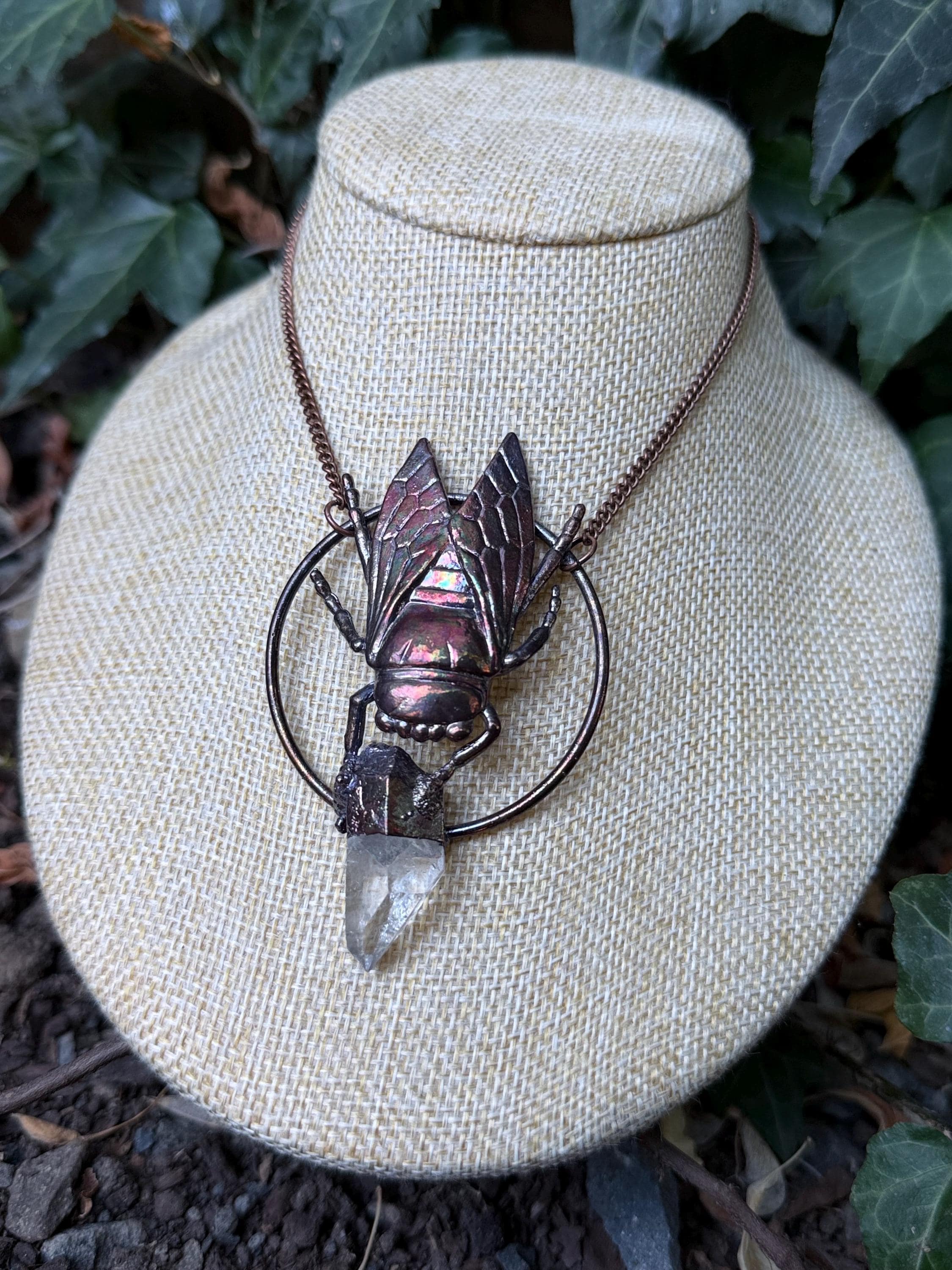 Cicada Crystal Pendant • Quartz • Electroformed Copper • Nature Inspired Necklace
