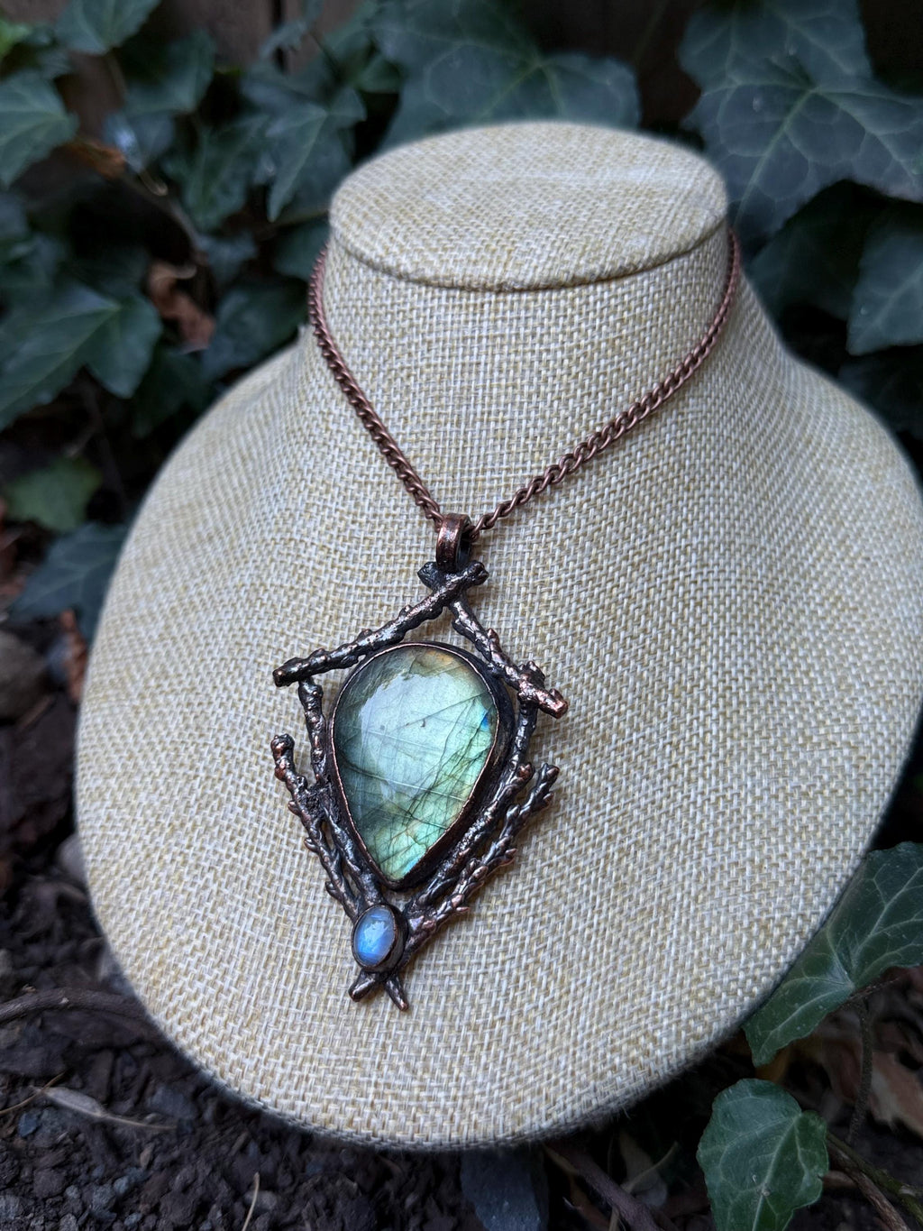 Labradorite & Moonstone Twig Pendant • Electroformed Copper • One of a Kind Woodland Necklace