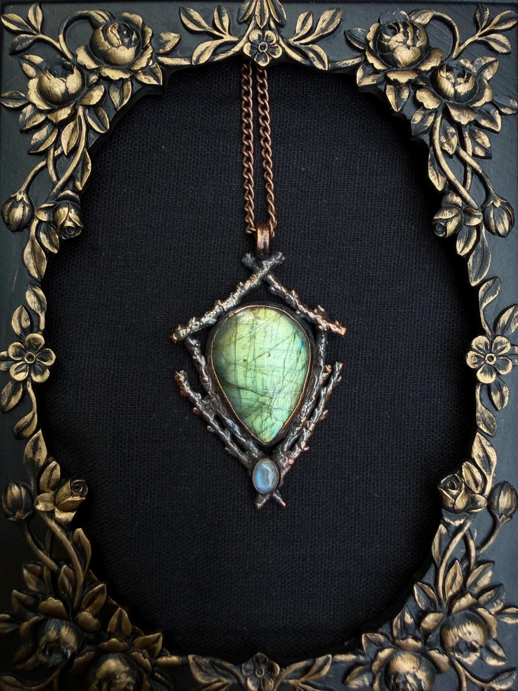 Labradorite & Moonstone Twig Pendant • Electroformed Copper • One of a Kind Woodland Necklace