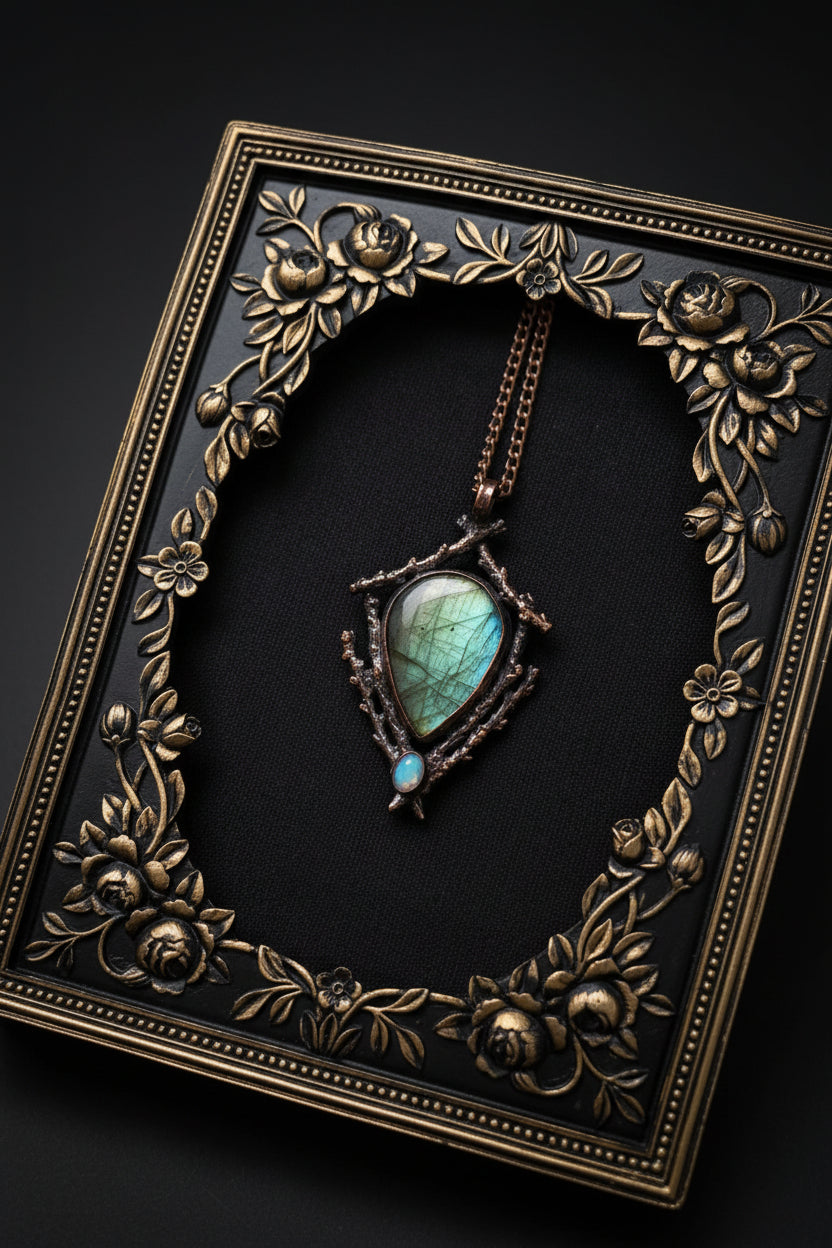 Labradorite & Moonstone Twig Pendant • Electroformed Copper • One of a Kind Woodland Necklace