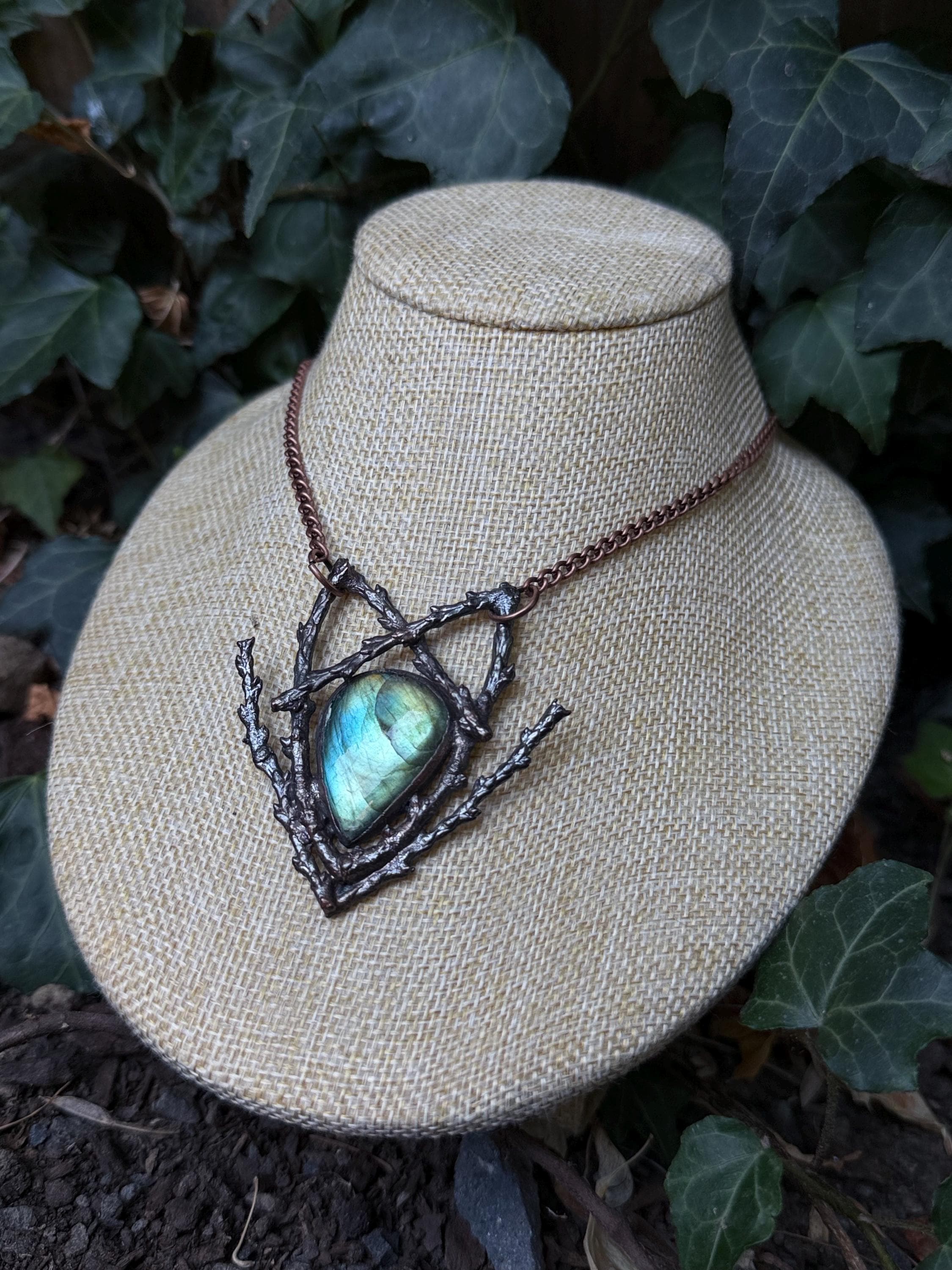 Labradorite Twig Pendant • One of a Kind • Electroformed Copper Woodland Necklace