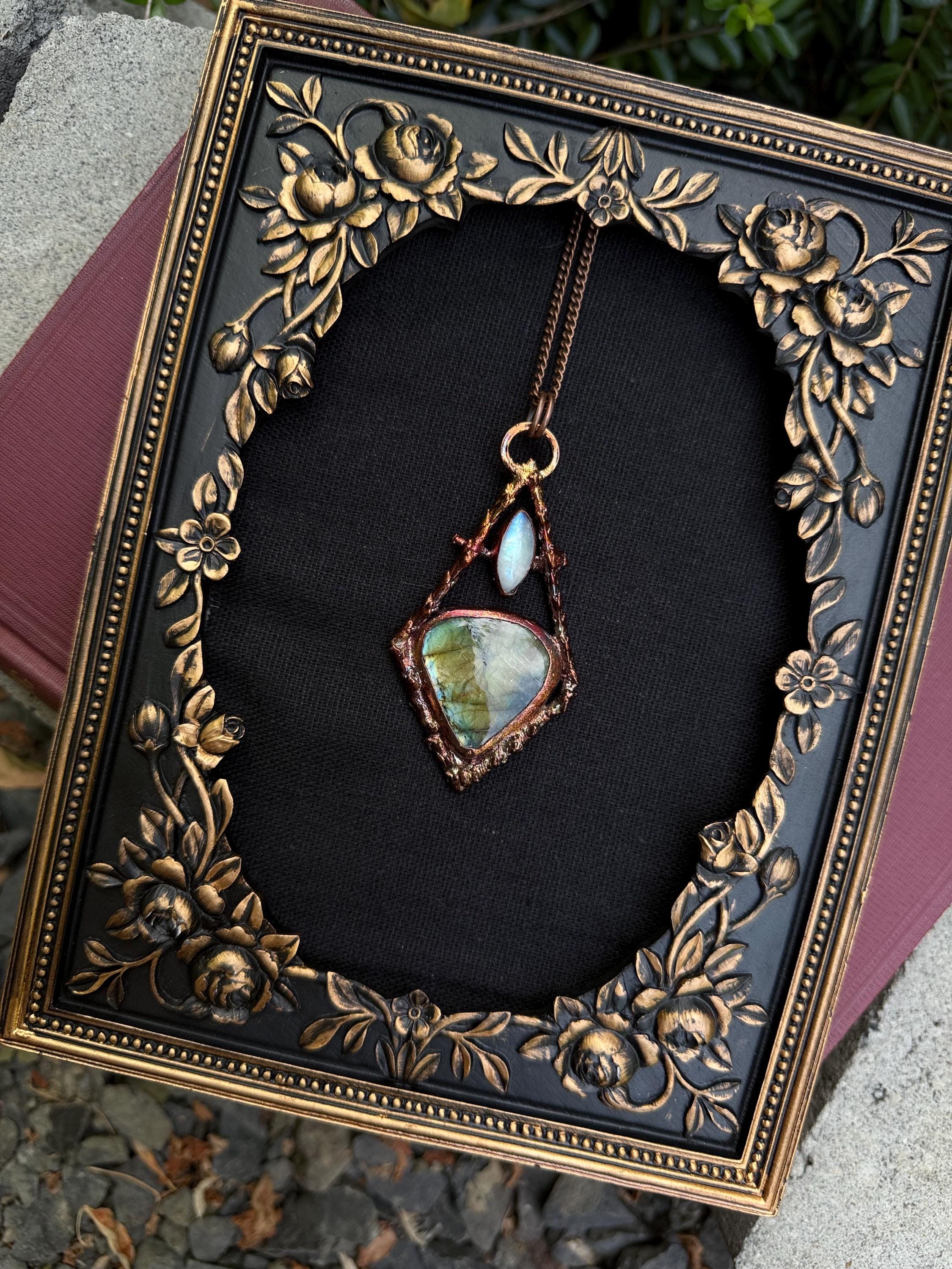 Labradorite Twig Frame Pendant • Electroformed Copper • Botanical Necklace • Gothic Nature Jewelry