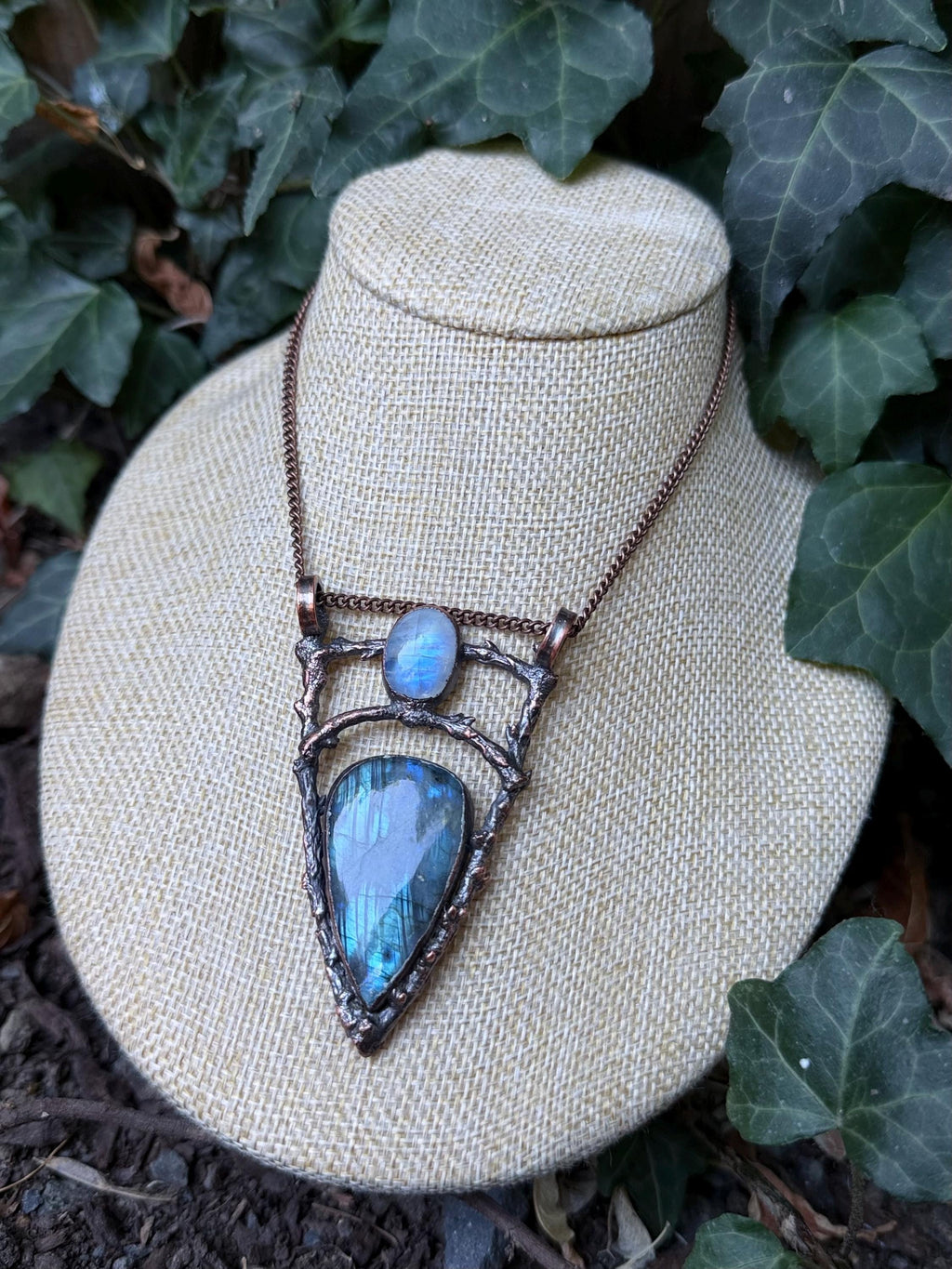 Cathedral Labradorite & Moonstone Twig Pendant • One of a Kind • Electroformed Copper Woodland Necklace