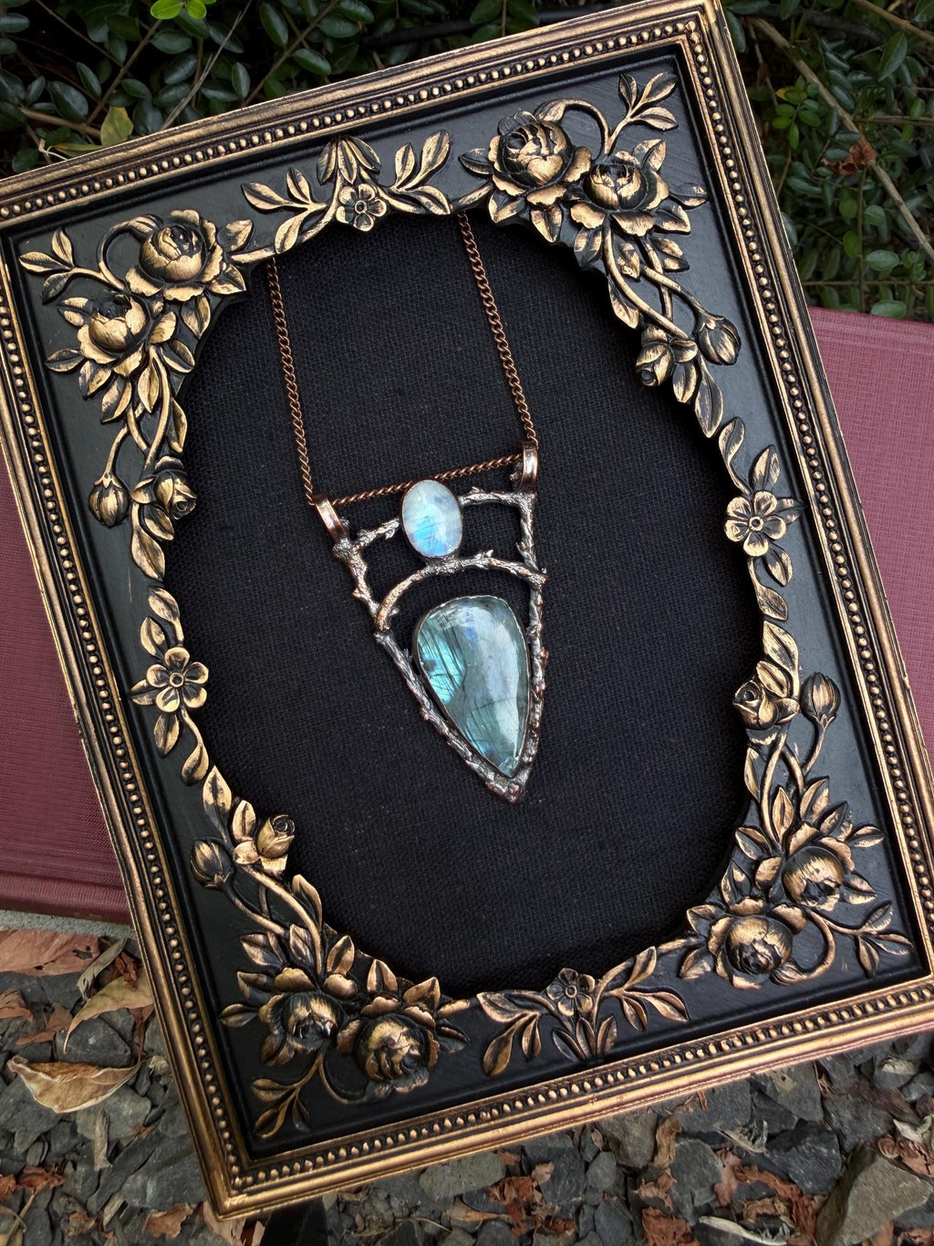 Cathedral Labradorite & Moonstone Twig Pendant • One of a Kind • Electroformed Copper Woodland Necklace