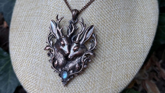 Jackalope Soulmates Pendant • Moonstone • Electroformed Copper • Original Sculpture
