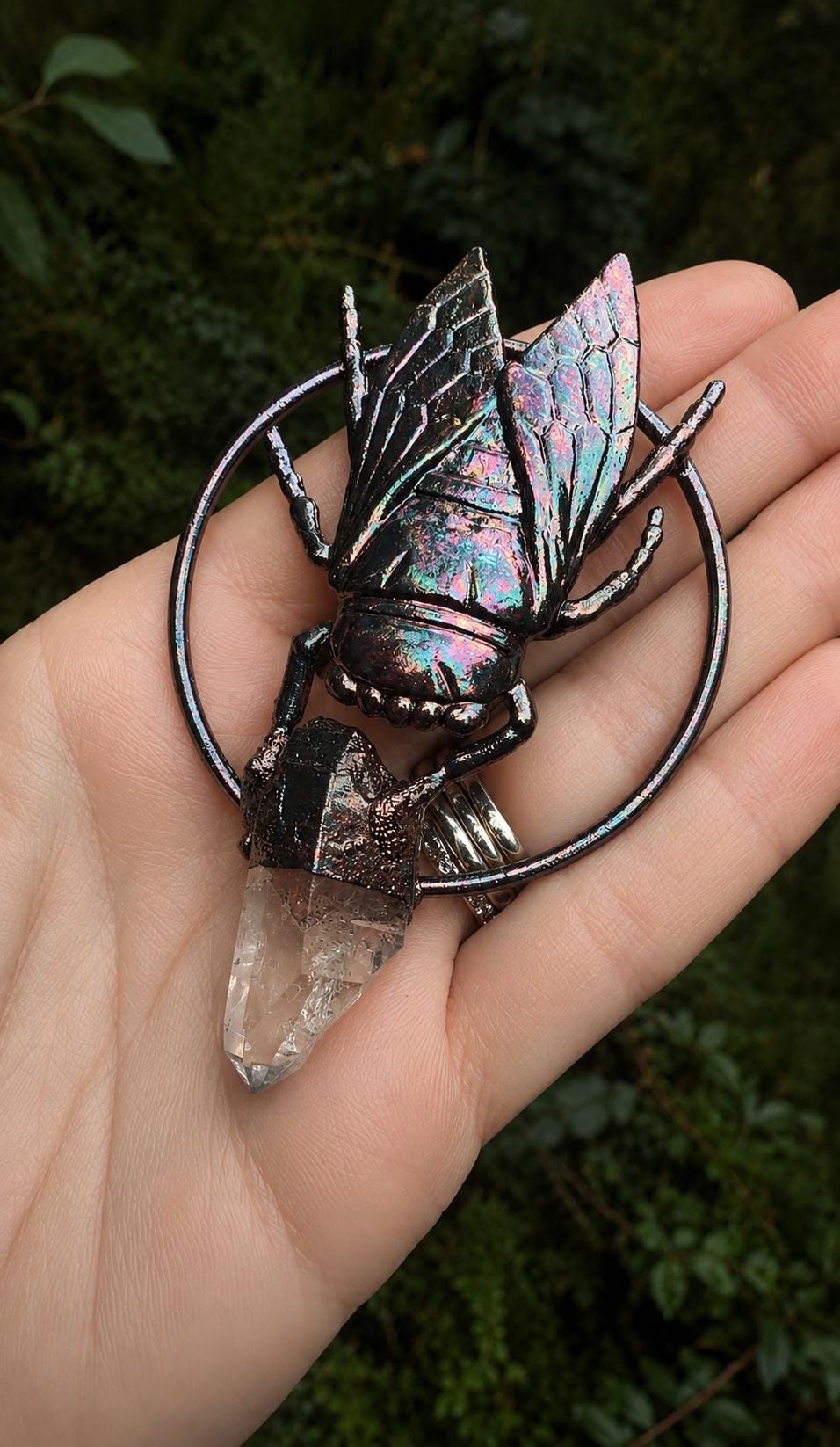 Cicada Crystal Pendant • Quartz • Electroformed Copper • Nature Inspired Necklace