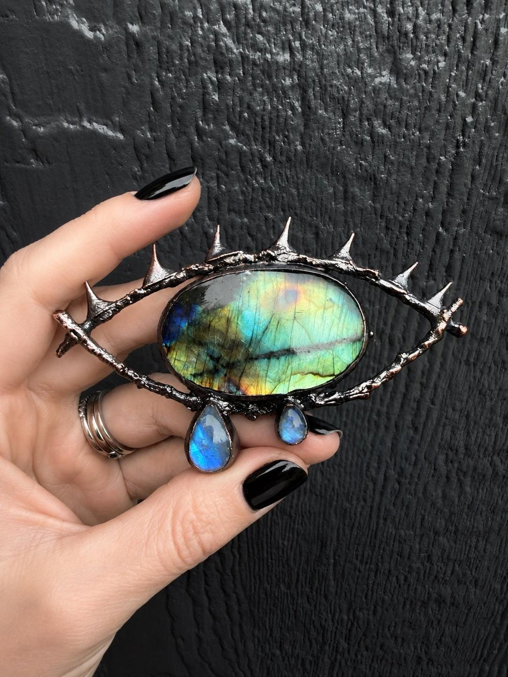 Crying Eye Pendant • Labradorite & Moonstone • Electroformed Copper • One of a Kind