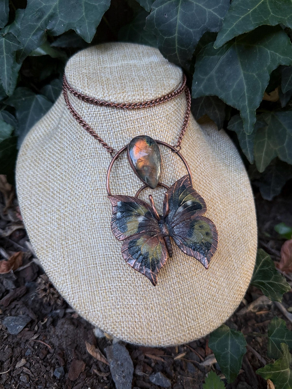 Labradorite • Butterfly Specimen • Electroformed Copper Pendant • Gothic Nature Jewelry