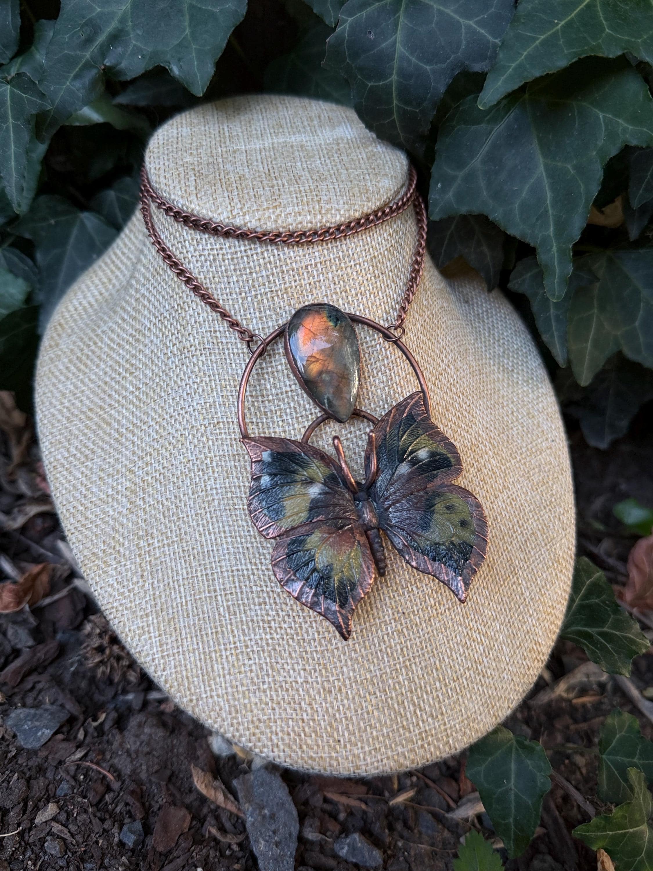Labradorite • Butterfly Specimen • Electroformed Copper Pendant • Gothic Nature Jewelry