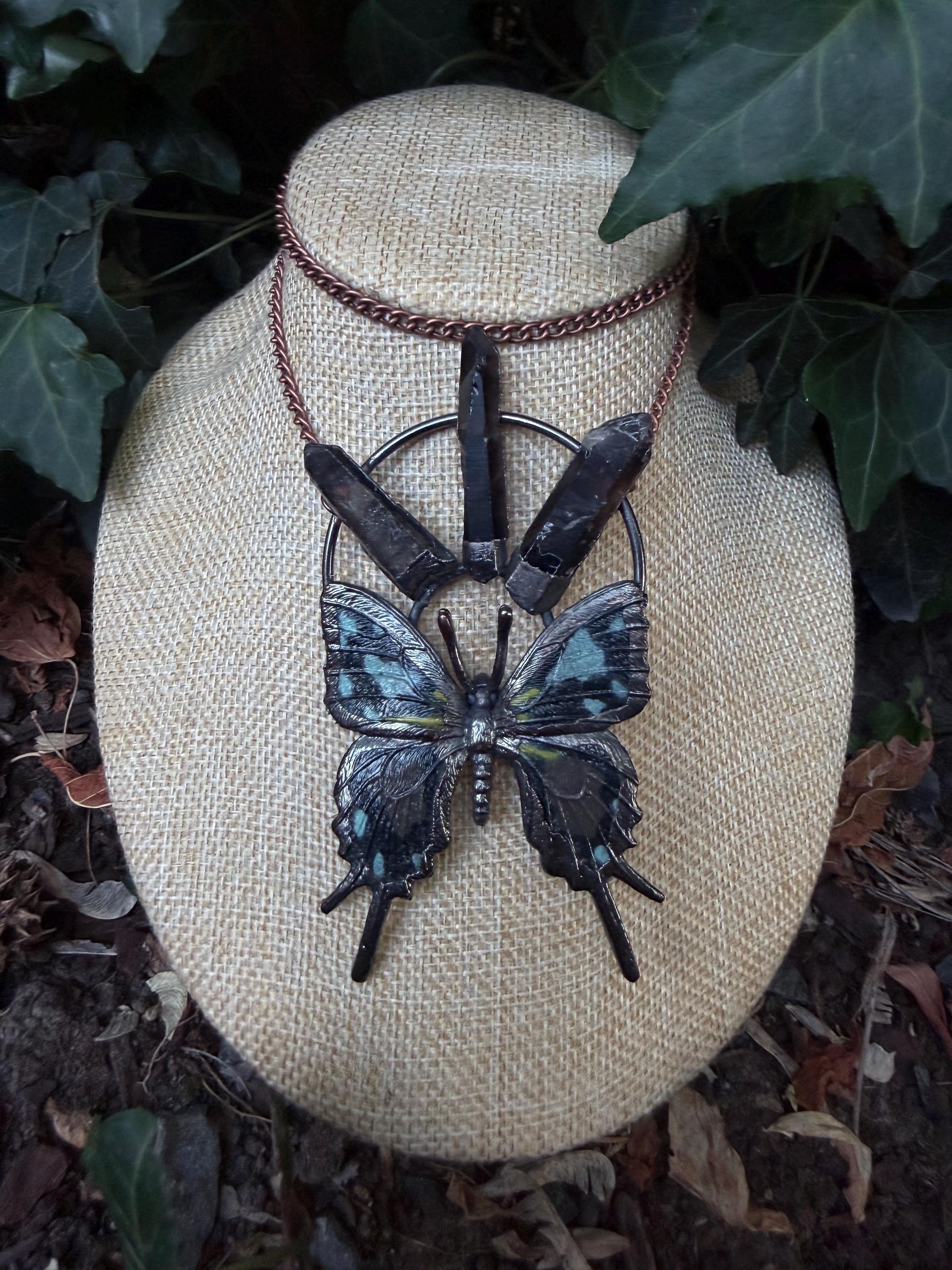 Smoky Quartz • Black Butterfly • Electroformed Copper Pendant