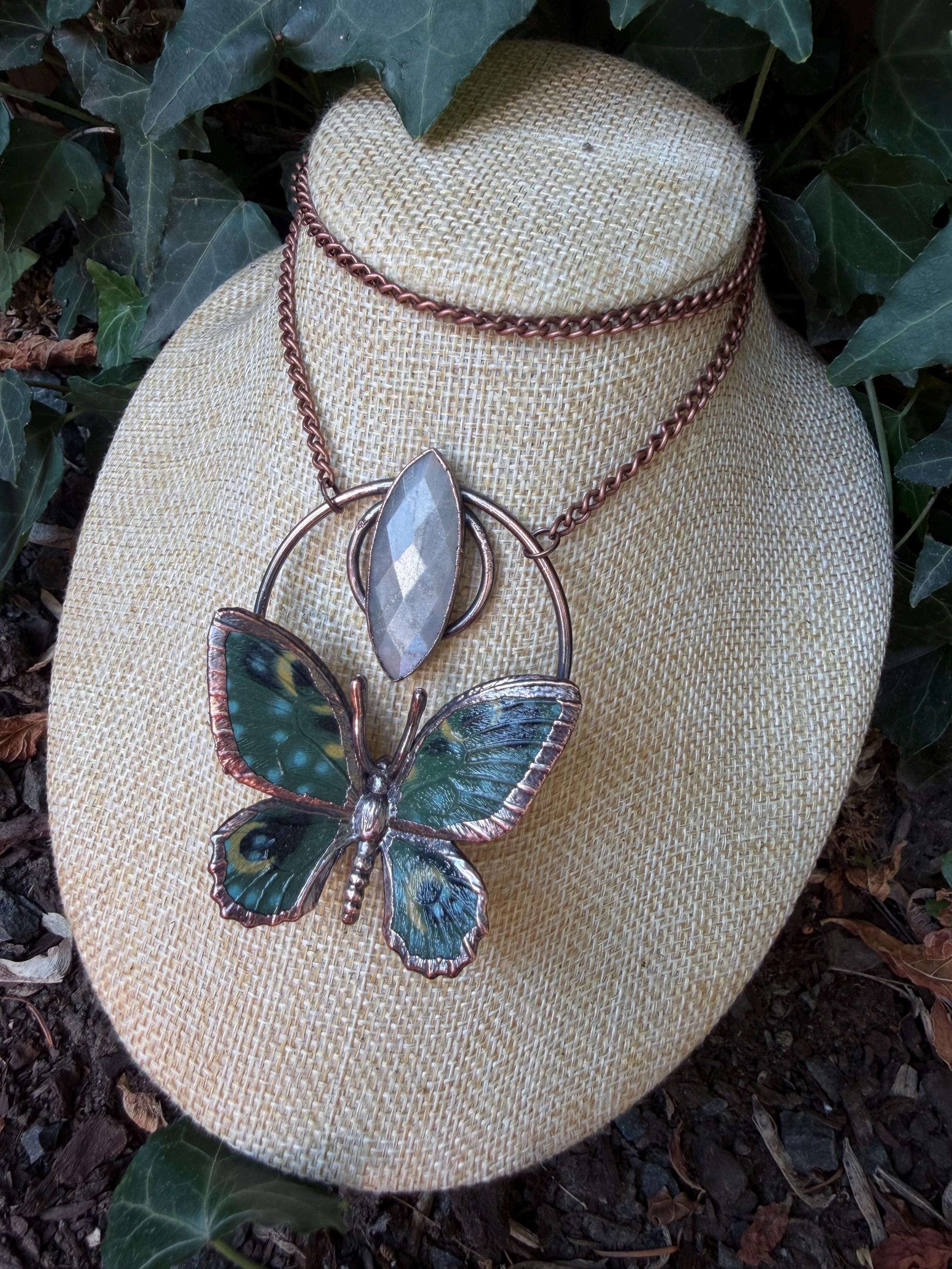 Gray Moonstone • Butterfly Necklace • Electroformed Copper Pendant