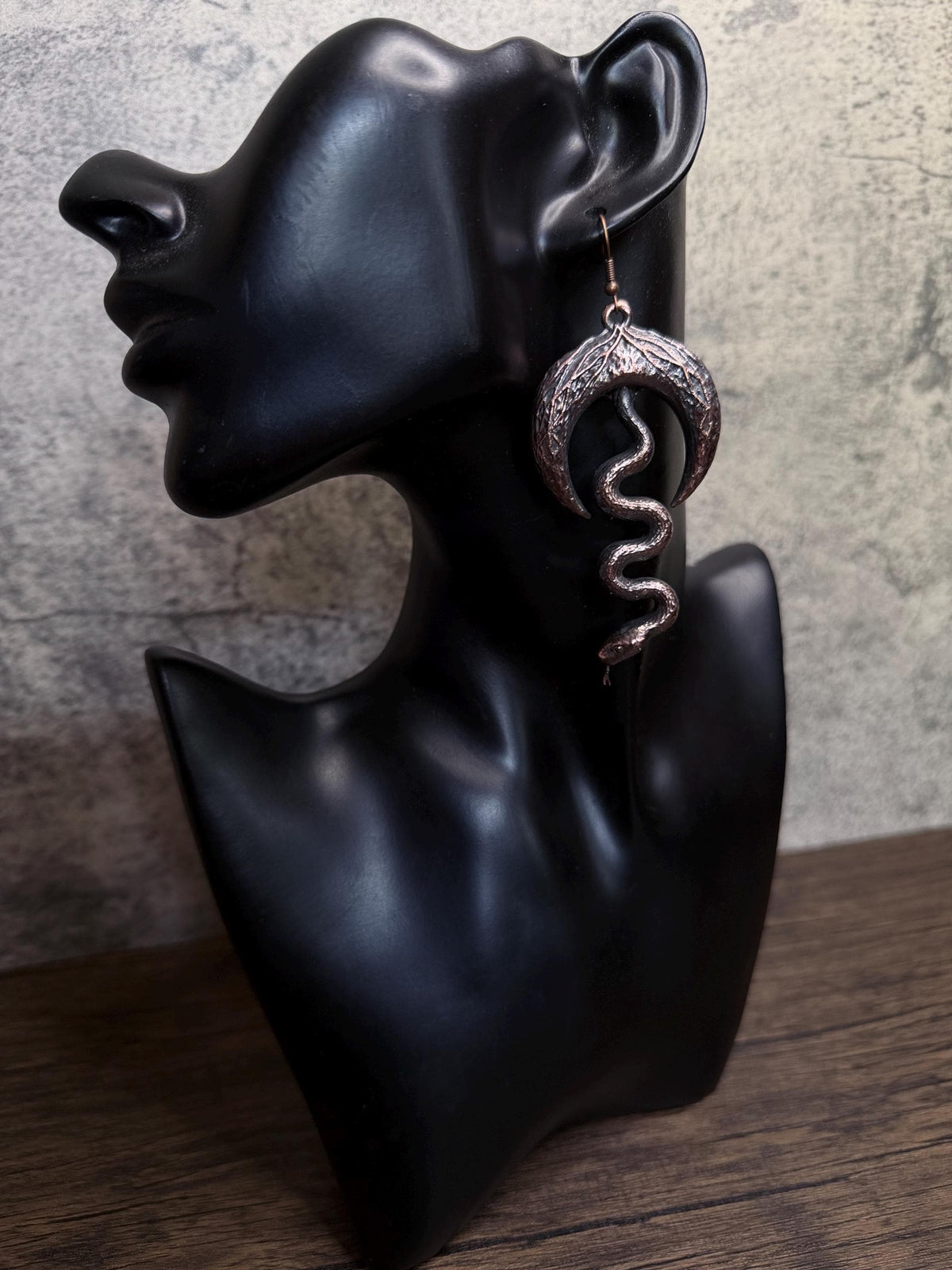 Electroformed Snake & Crescent Moon Earrings • Handcrafted Copper Statement Earrings • Gothic Nature Jewelry