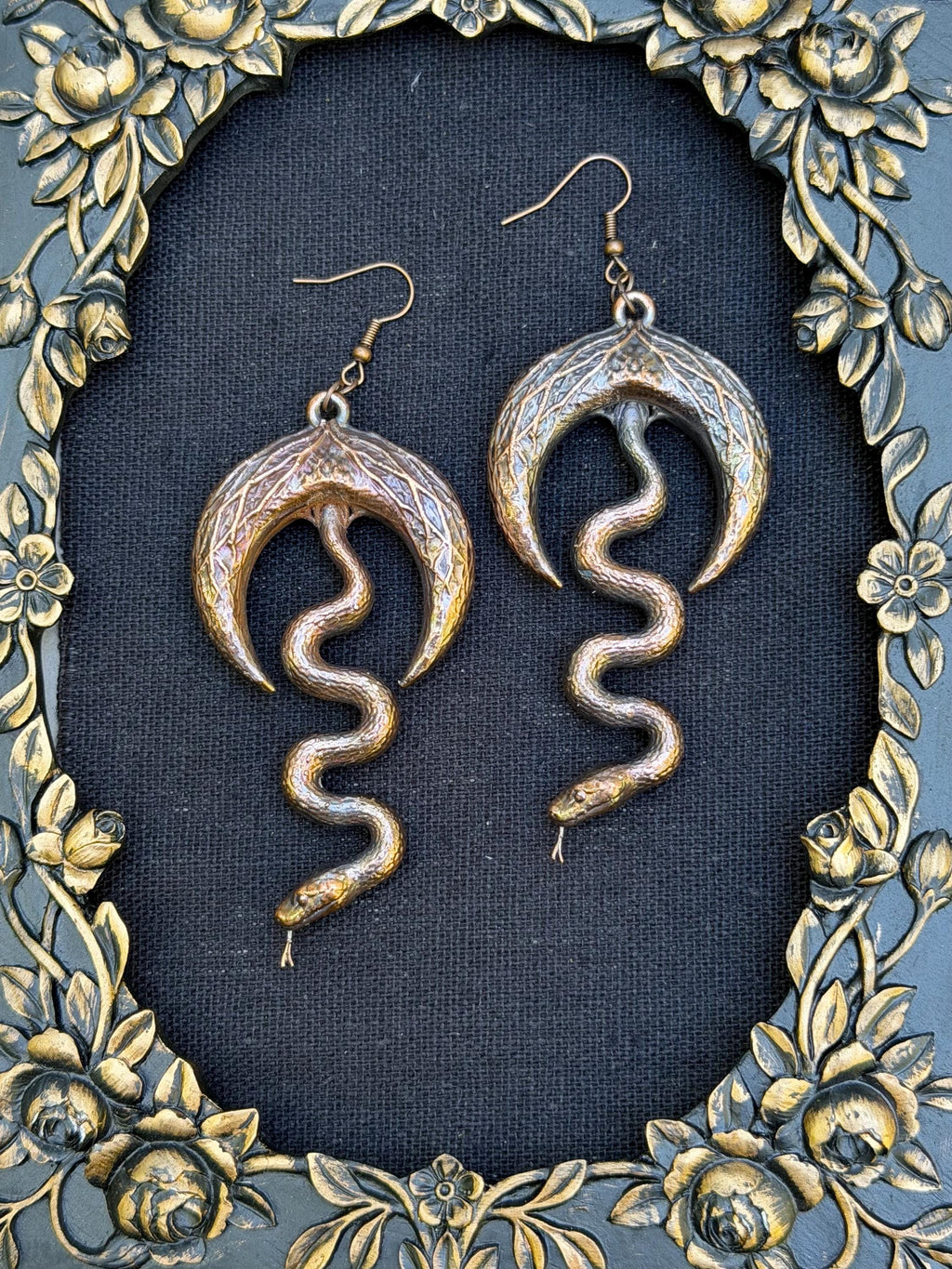 Electroformed Snake & Crescent Moon Earrings • Handcrafted Copper Statement Earrings • Gothic Nature Jewelry