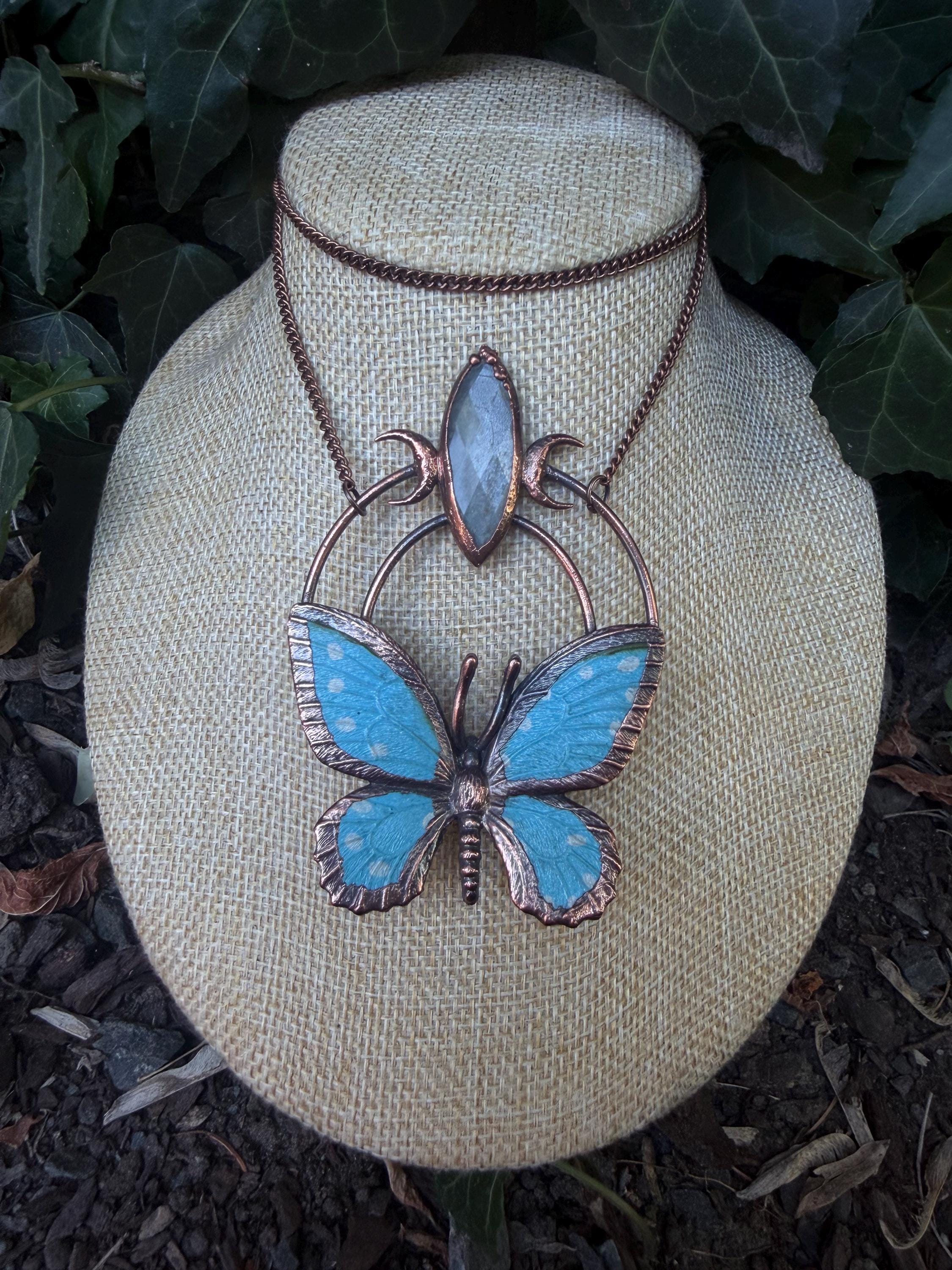 Gray Moonstone • Crescent Moon Butterfly • Electroformed Copper Pendant • Gothic Nature Jewelry