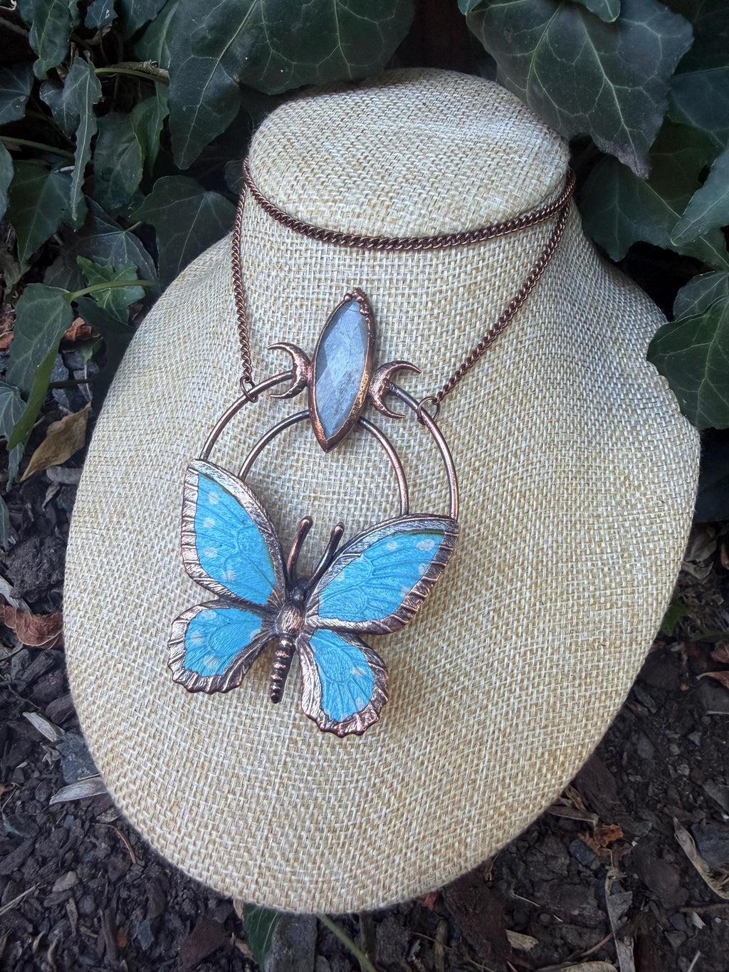 Gray Moonstone • Crescent Moon Butterfly • Electroformed Copper Pendant • Gothic Nature Jewelry