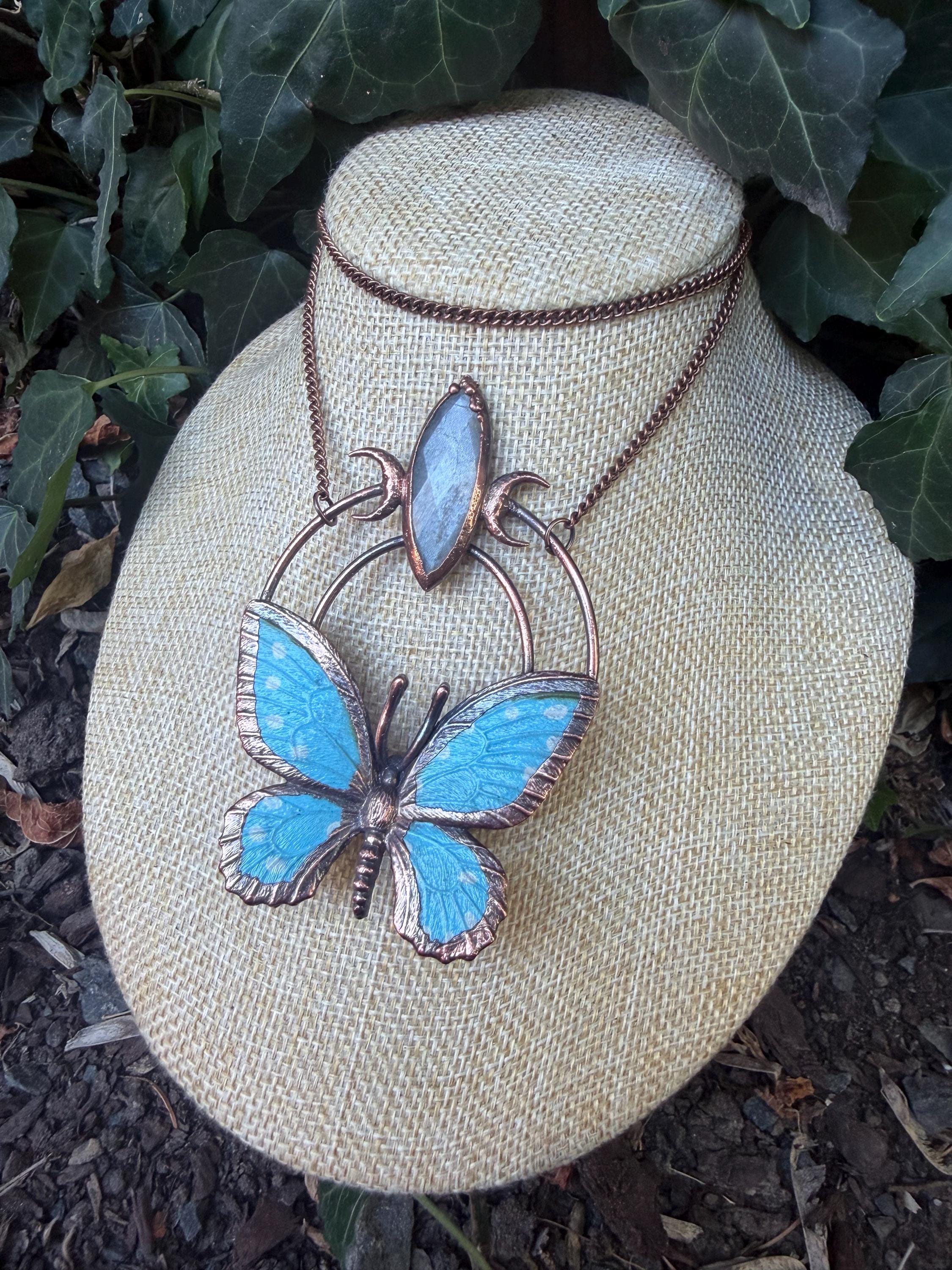 Gray Moonstone • Crescent Moon Butterfly • Electroformed Copper Pendant • Gothic Nature Jewelry