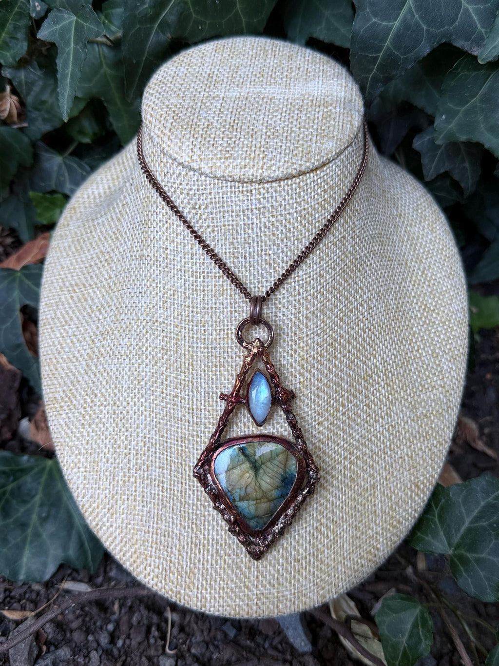 Labradorite Twig Frame Pendant • Electroformed Copper • Botanical Necklace • Gothic Nature Jewelry
