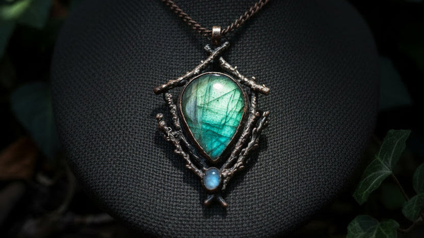 May include: A necklace featuring a large, pear-shaped labradorite gemstone and a smaller, round moonstone set in a dark, textured copper frame that resembles intertwined twigs. The pendant hangs from a matching copper chain.