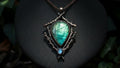 May include: A necklace featuring a large, pear-shaped labradorite gemstone and a smaller, round moonstone set in a dark, textured copper frame that resembles intertwined twigs. The pendant hangs from a matching copper chain.