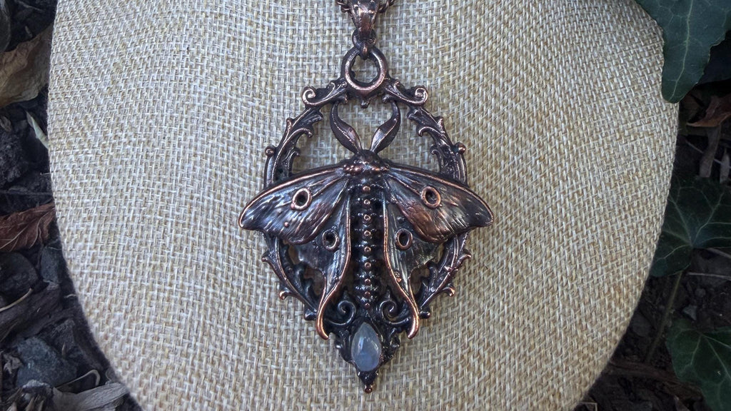 Vertebrae Luna Moth • Rainbow Moonstone • Electroformed Copper Pendant