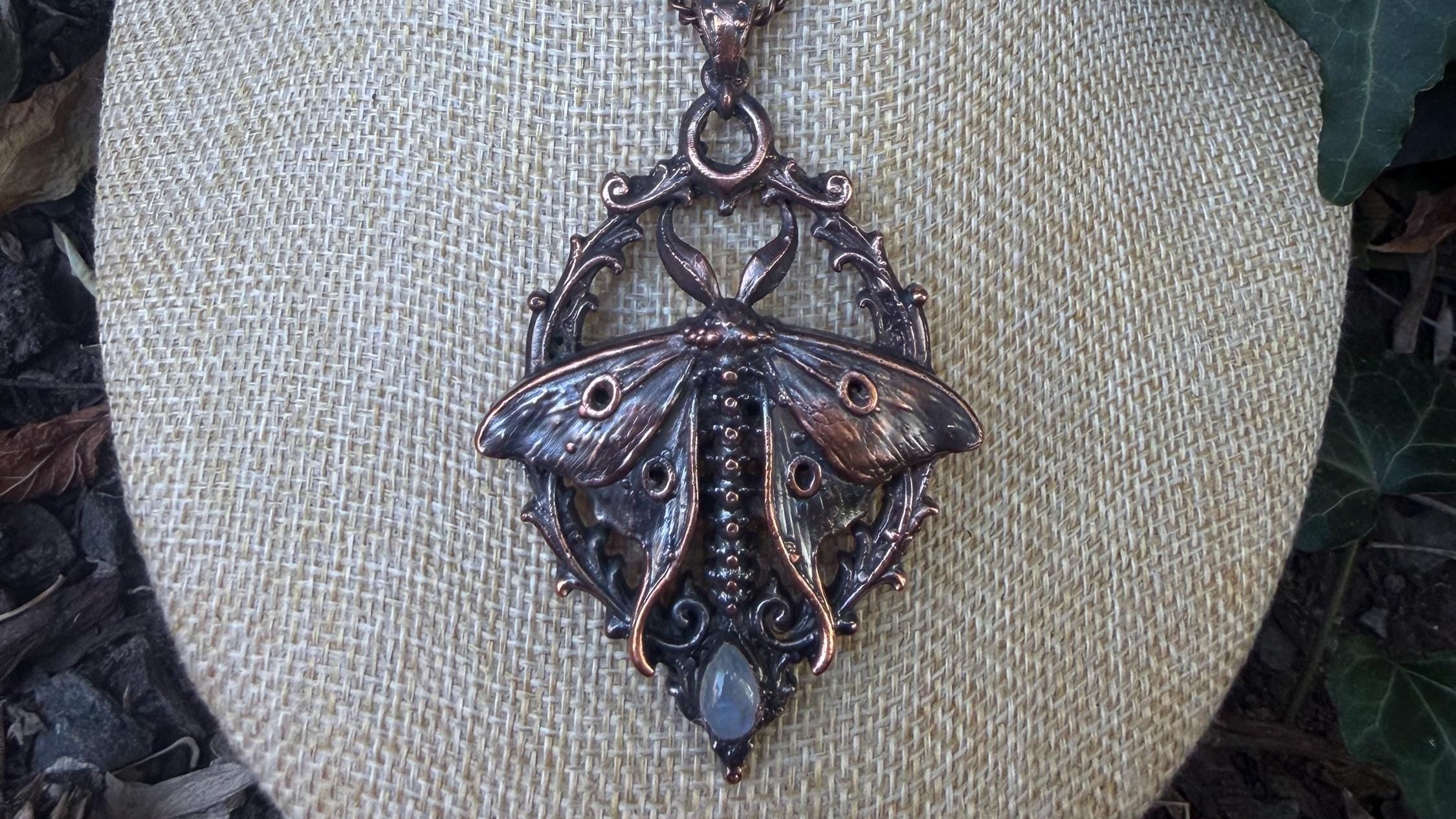 Vertebrae Luna Moth • Rainbow Moonstone • Electroformed Copper Pendant