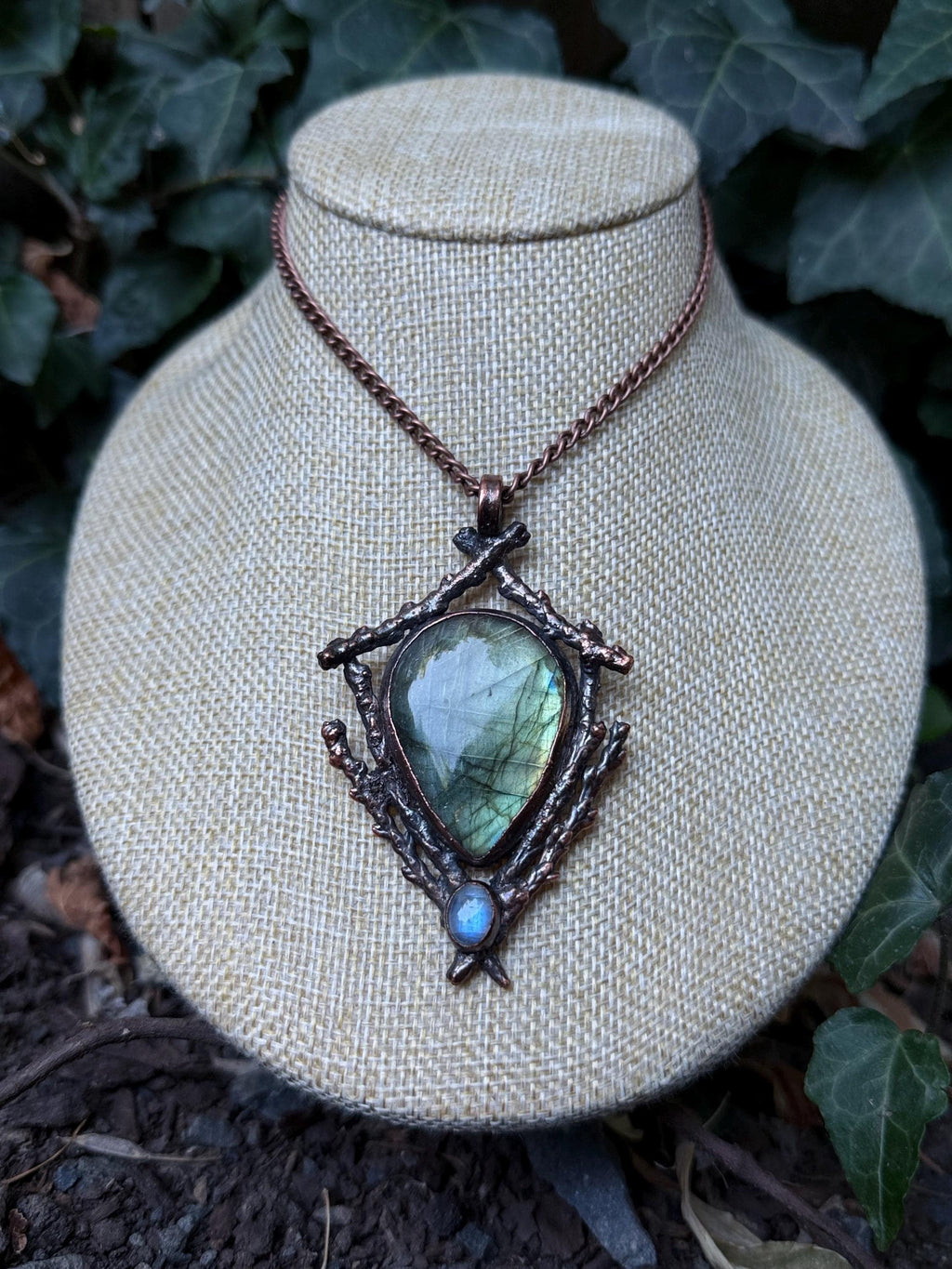 Labradorite & Moonstone Twig Pendant • Electroformed Copper • One of a Kind Woodland Necklace