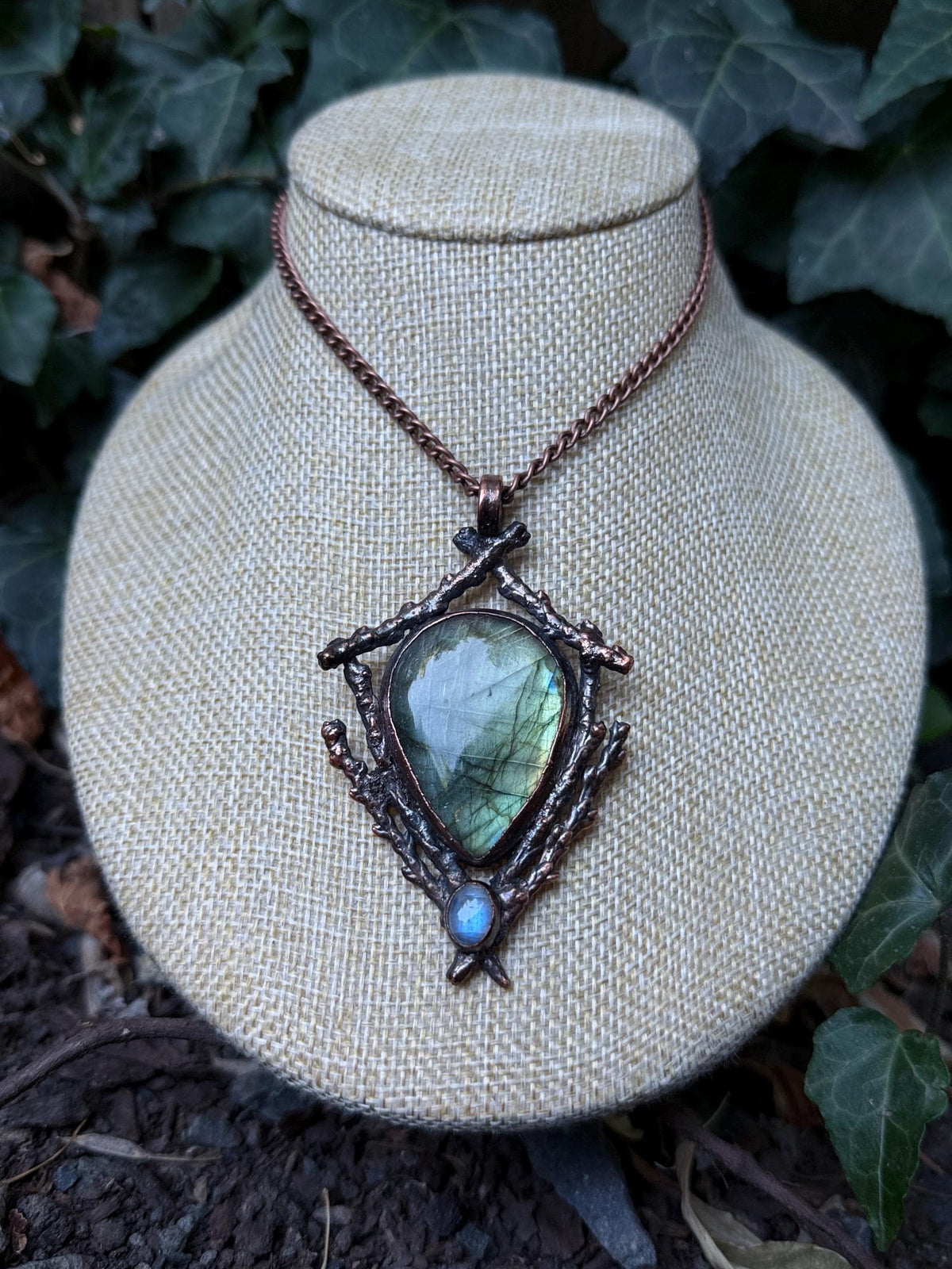 Labradorite & Moonstone Twig Pendant • Electroformed Copper • One of a Kind Woodland Necklace