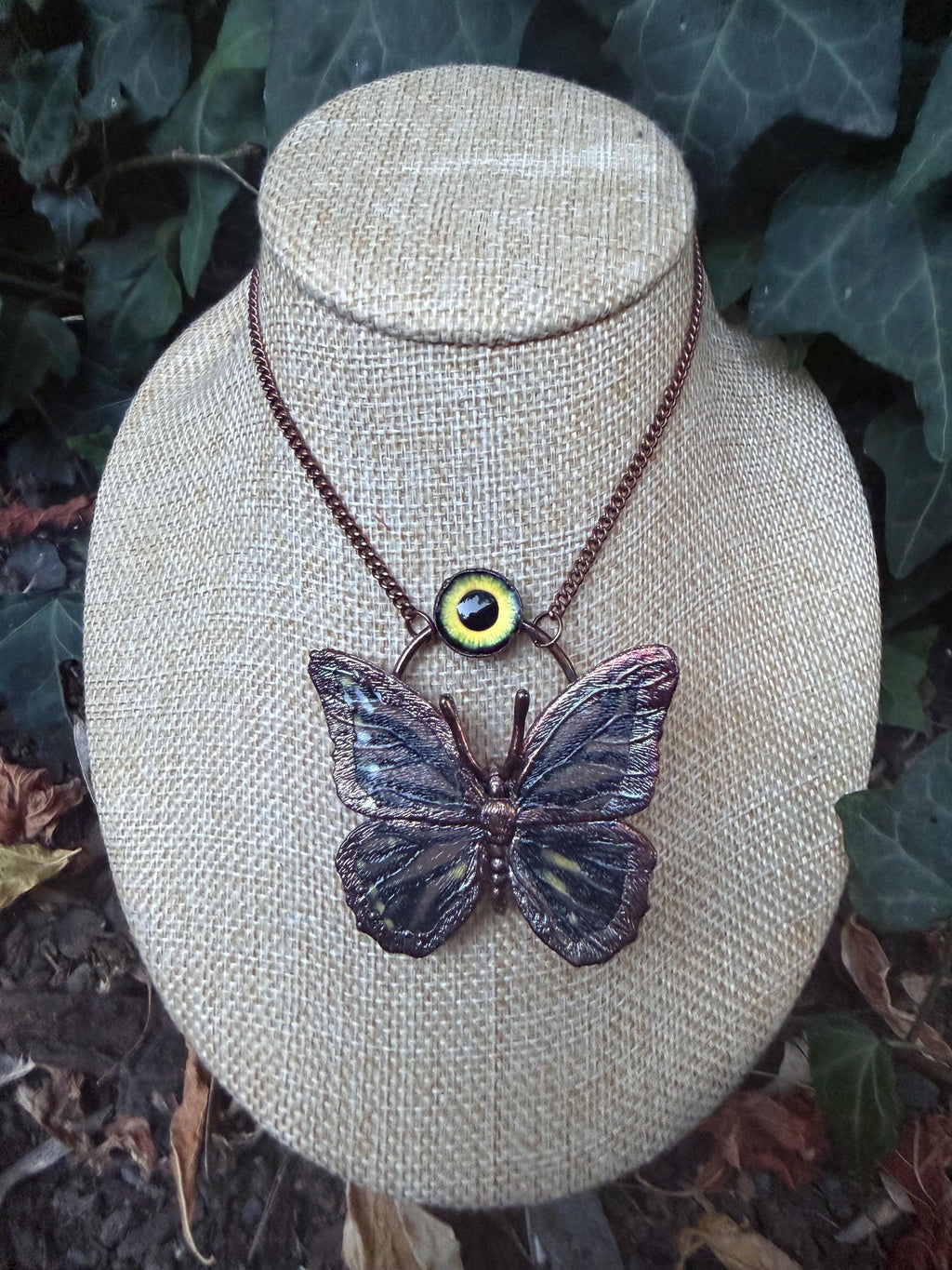 Electroformed Butterfly Necklace • Copper Statement Pendant with Glass Eye