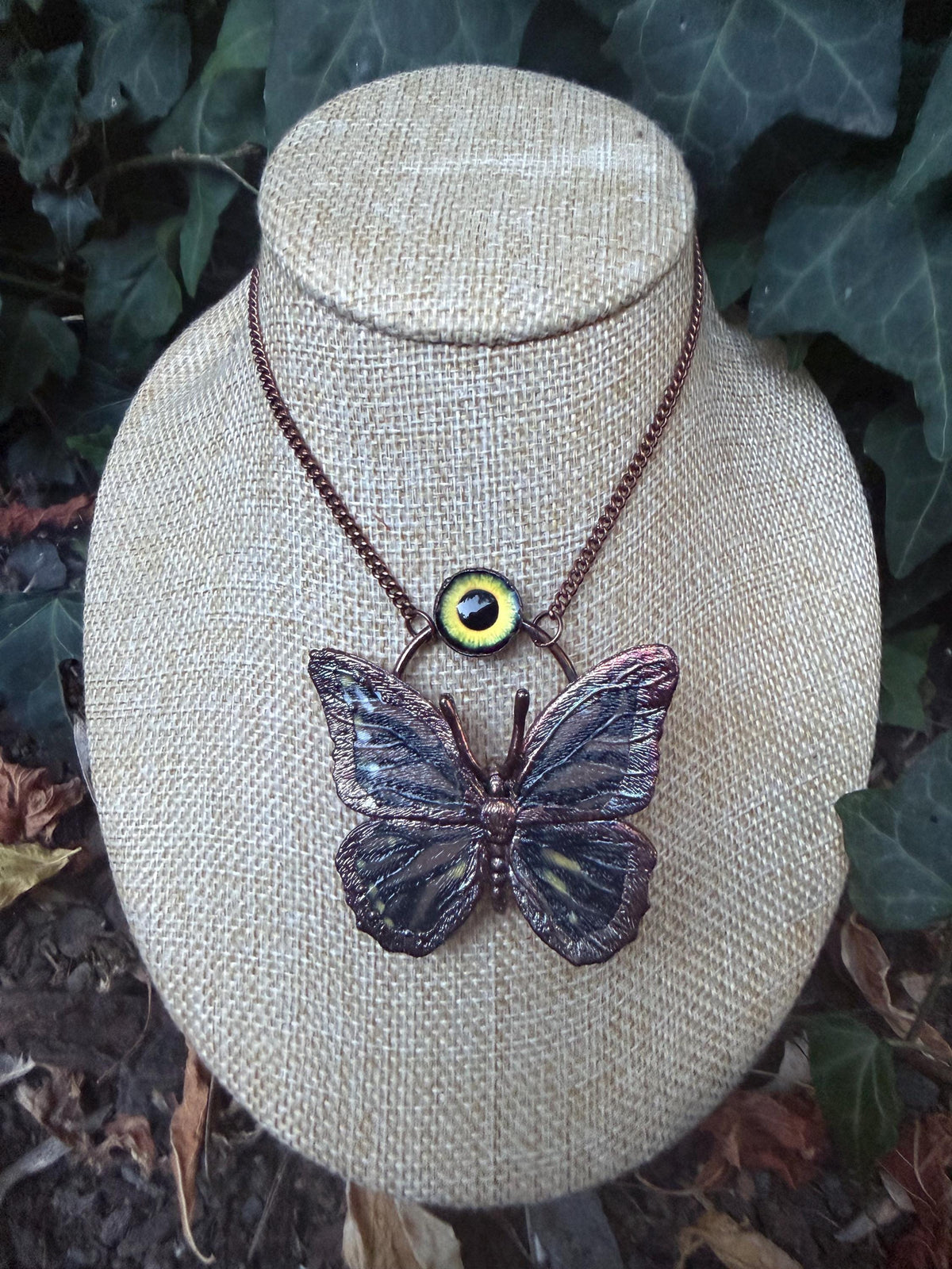 Electroformed Butterfly Necklace • Copper Statement Pendant with Glass Eye