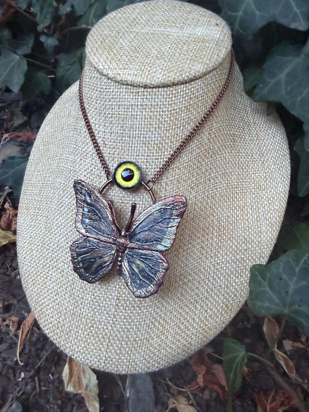 Electroformed Butterfly Necklace • Copper Statement Pendant with Glass Eye