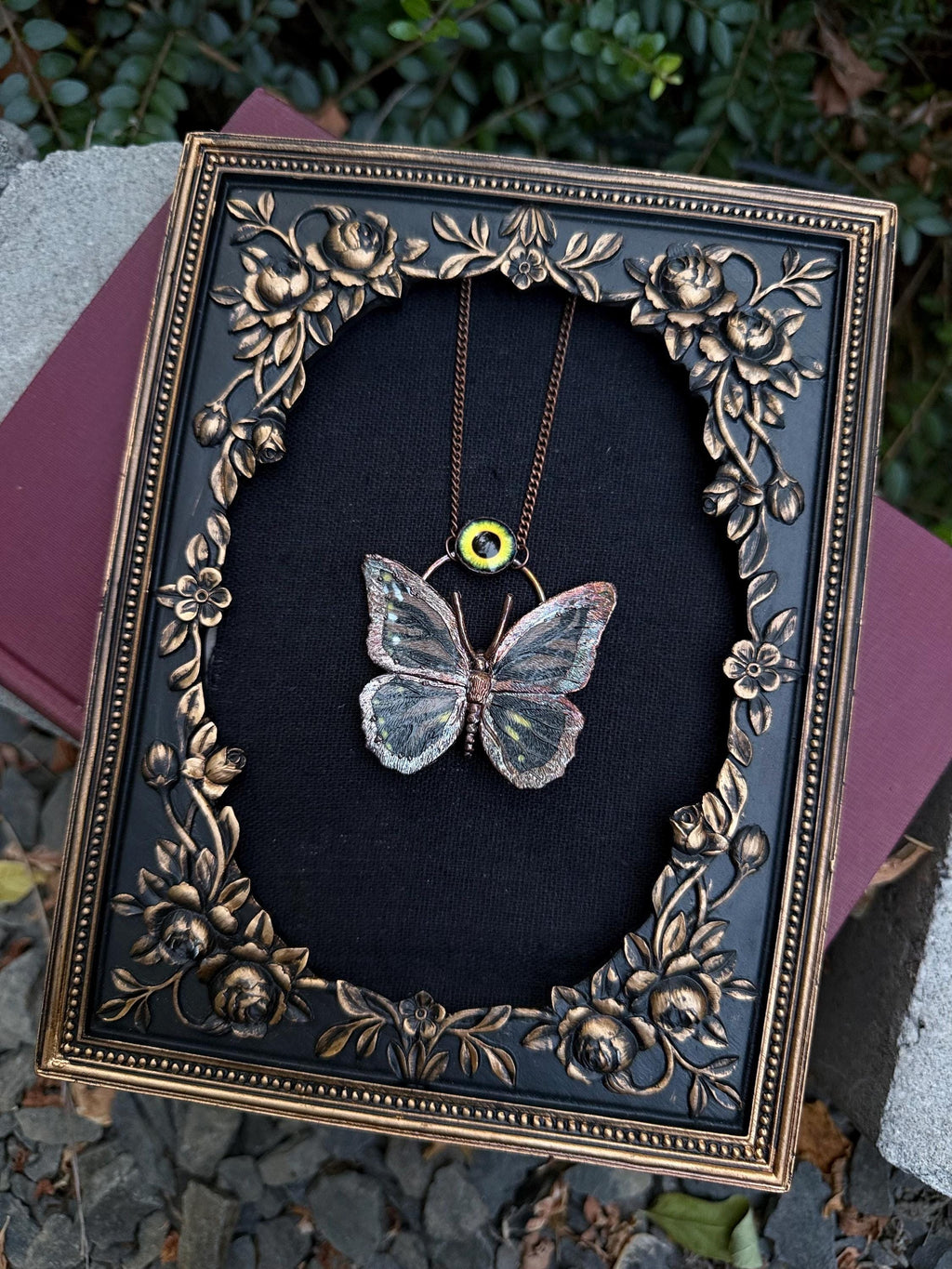 Electroformed Butterfly Necklace • Copper Statement Pendant with Glass Eye