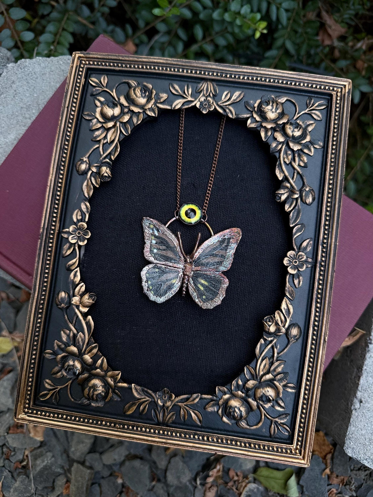 Electroformed Butterfly Necklace • Copper Statement Pendant with Glass Eye