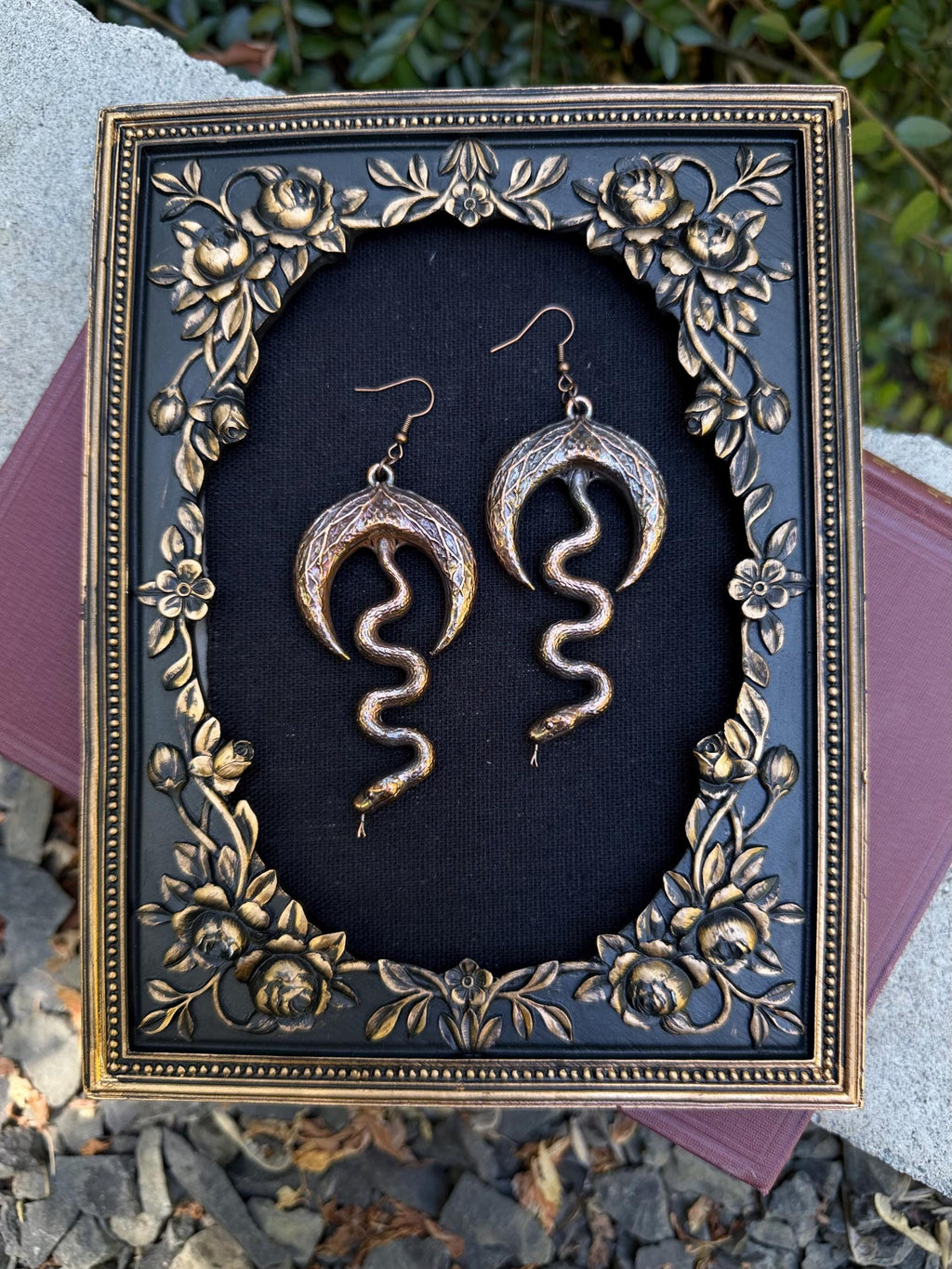 Electroformed Snake & Crescent Moon Earrings • Handcrafted Copper Statement Earrings • Gothic Nature Jewelry