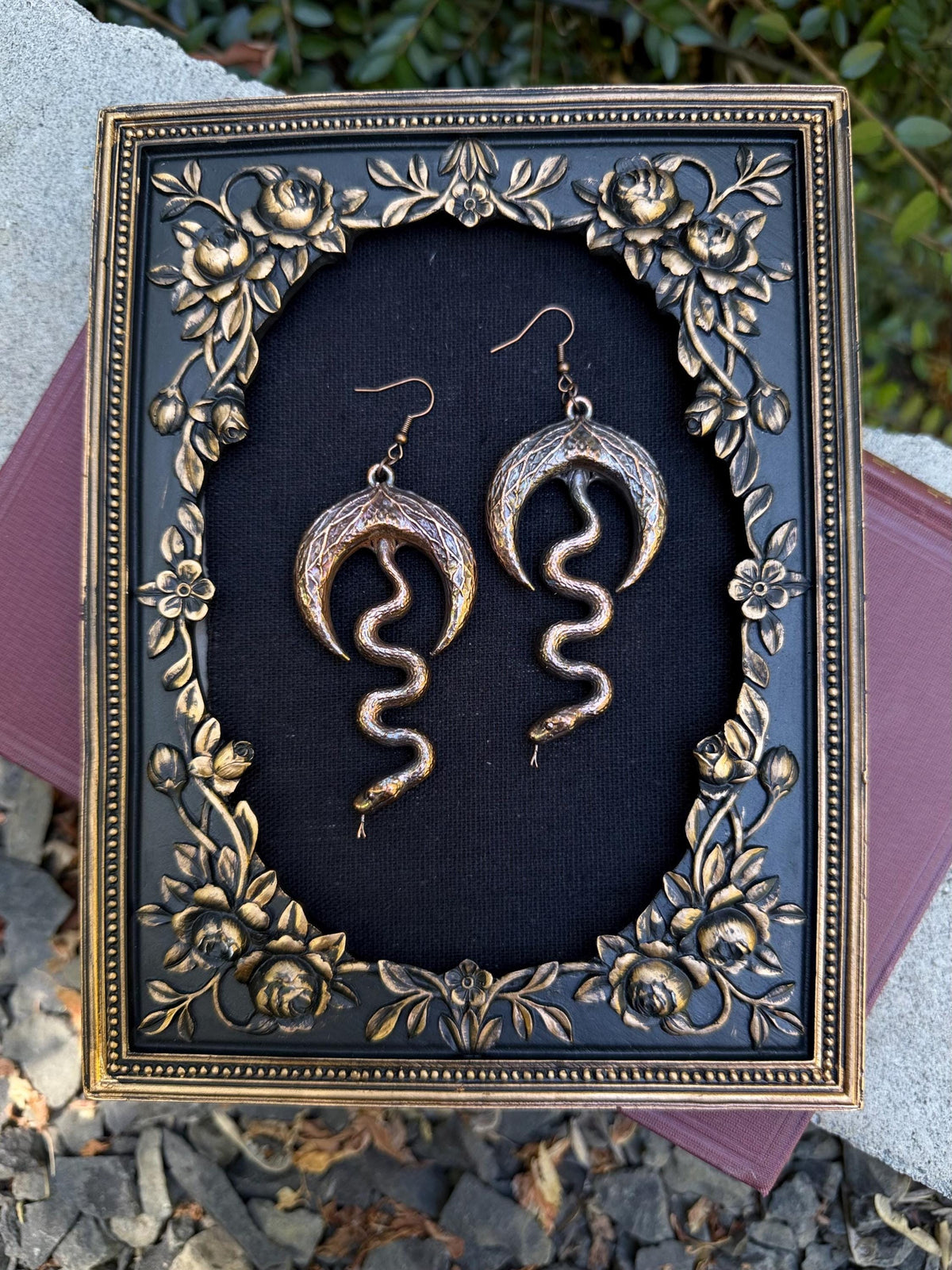 Electroformed Snake & Crescent Moon Earrings • Handcrafted Copper Statement Earrings • Gothic Nature Jewelry