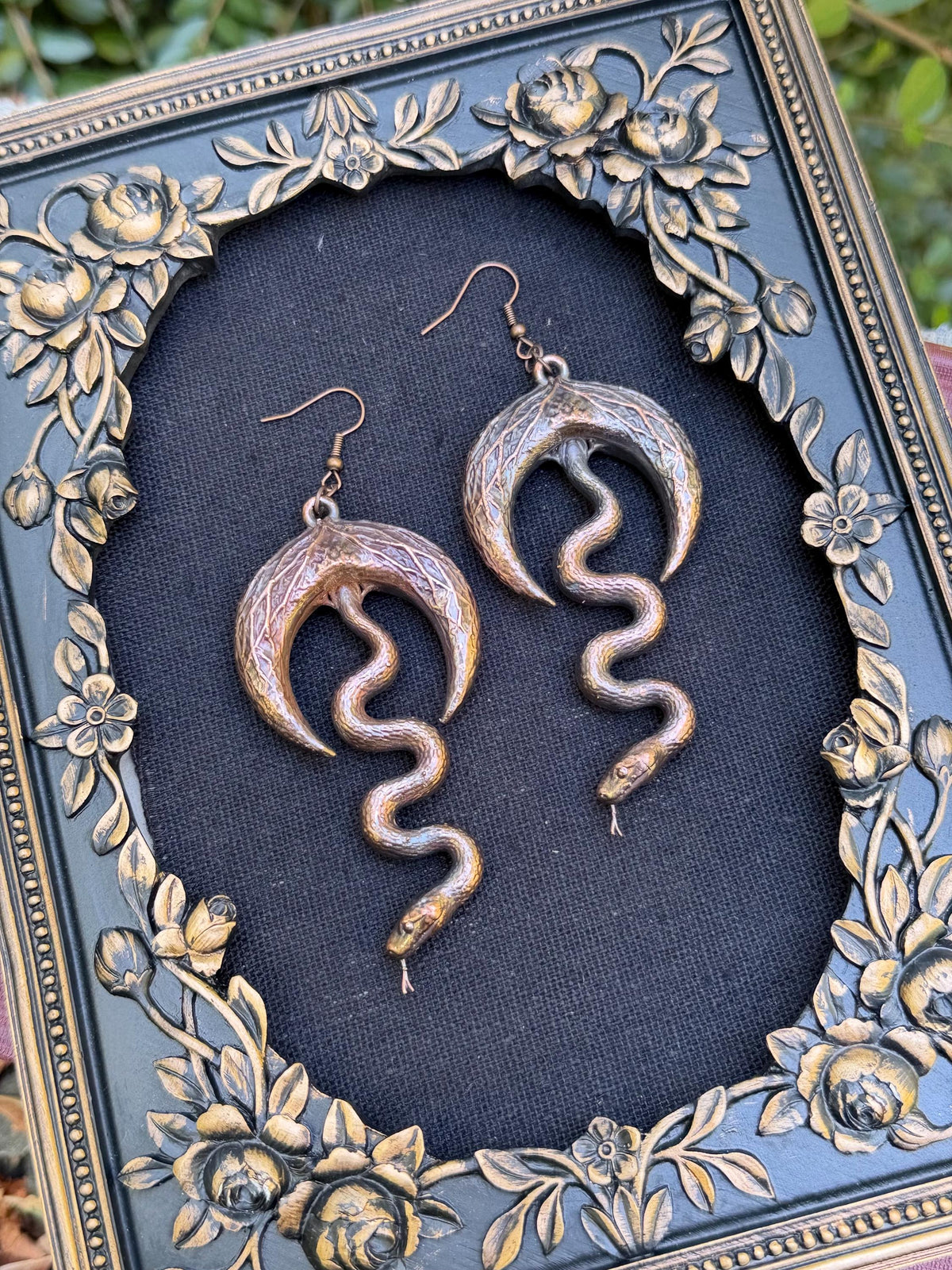 Electroformed Snake & Crescent Moon Earrings • Handcrafted Copper Statement Earrings • Gothic Nature Jewelry