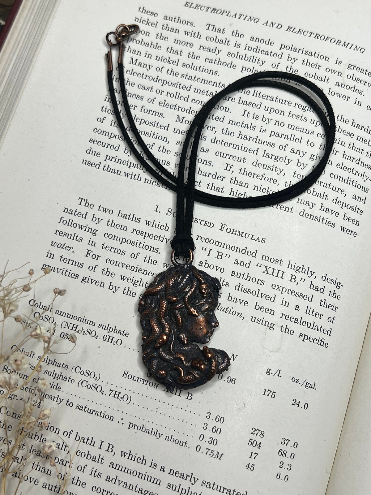 May include: A black cord necklace with a bronze pendant featuring a detailed depiction of Medusa, the Greek mythological figure with snakes for hair. The pendant is surrounded by text about electroplating and electroforming.