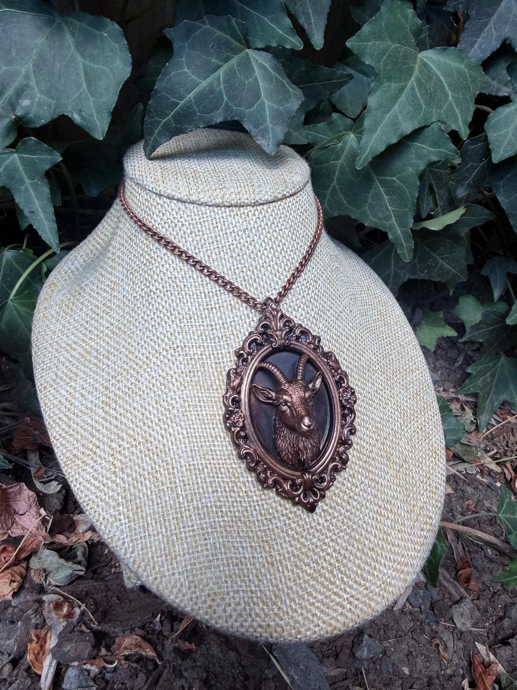 Goat Taxidermy Portrait Necklace • Electroformed Copper • Ornate Gothic Oddity Pendant
